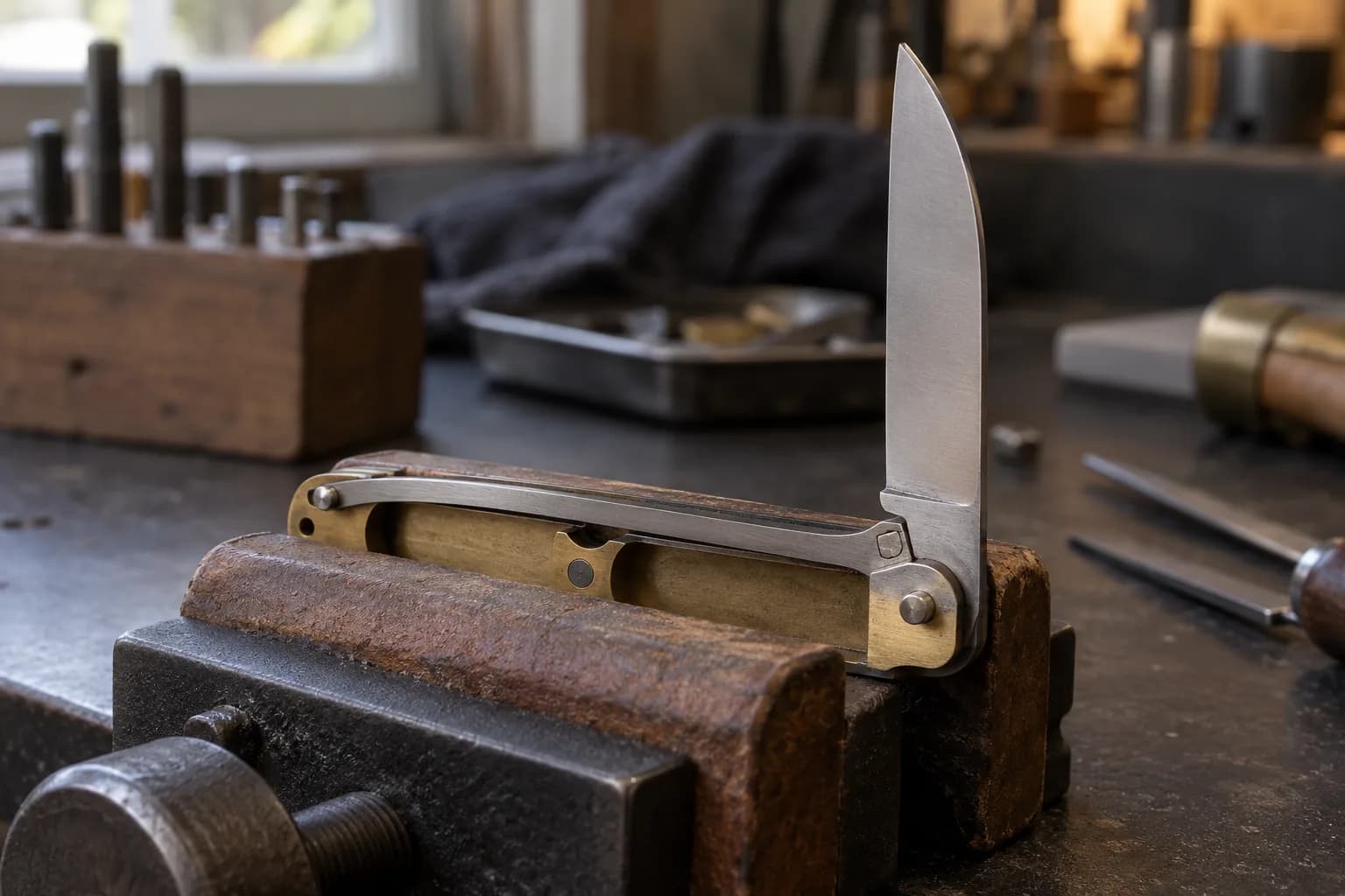 Slipjoint folder held in a padded vise, blade half open, with the long backspring running to the tang at the pivot.