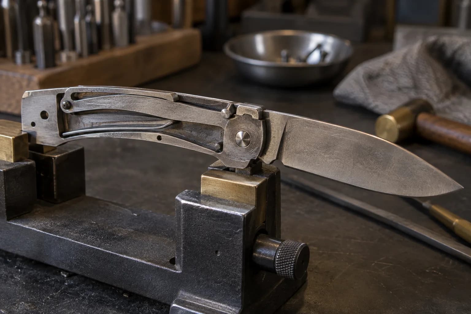 Open lockback folder in a bench holder with the near scale removed, rocker bar lug seated in the blade tang notch.