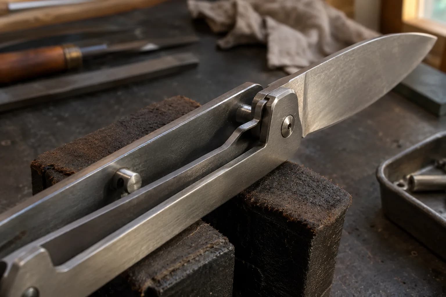 Close view into an open folder's handle channel with the liner-lock leaf pressing against the blade tang.