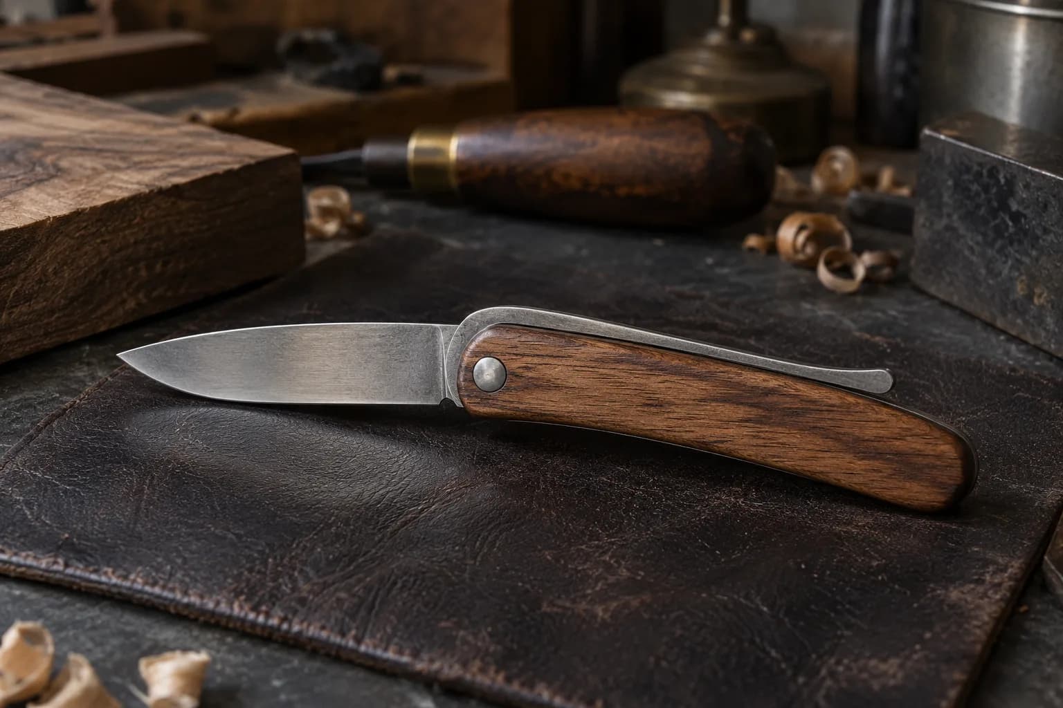 Open friction folder with a wood handle and long curved tang lever behind the blade, lying on a dark leather pad in a shop