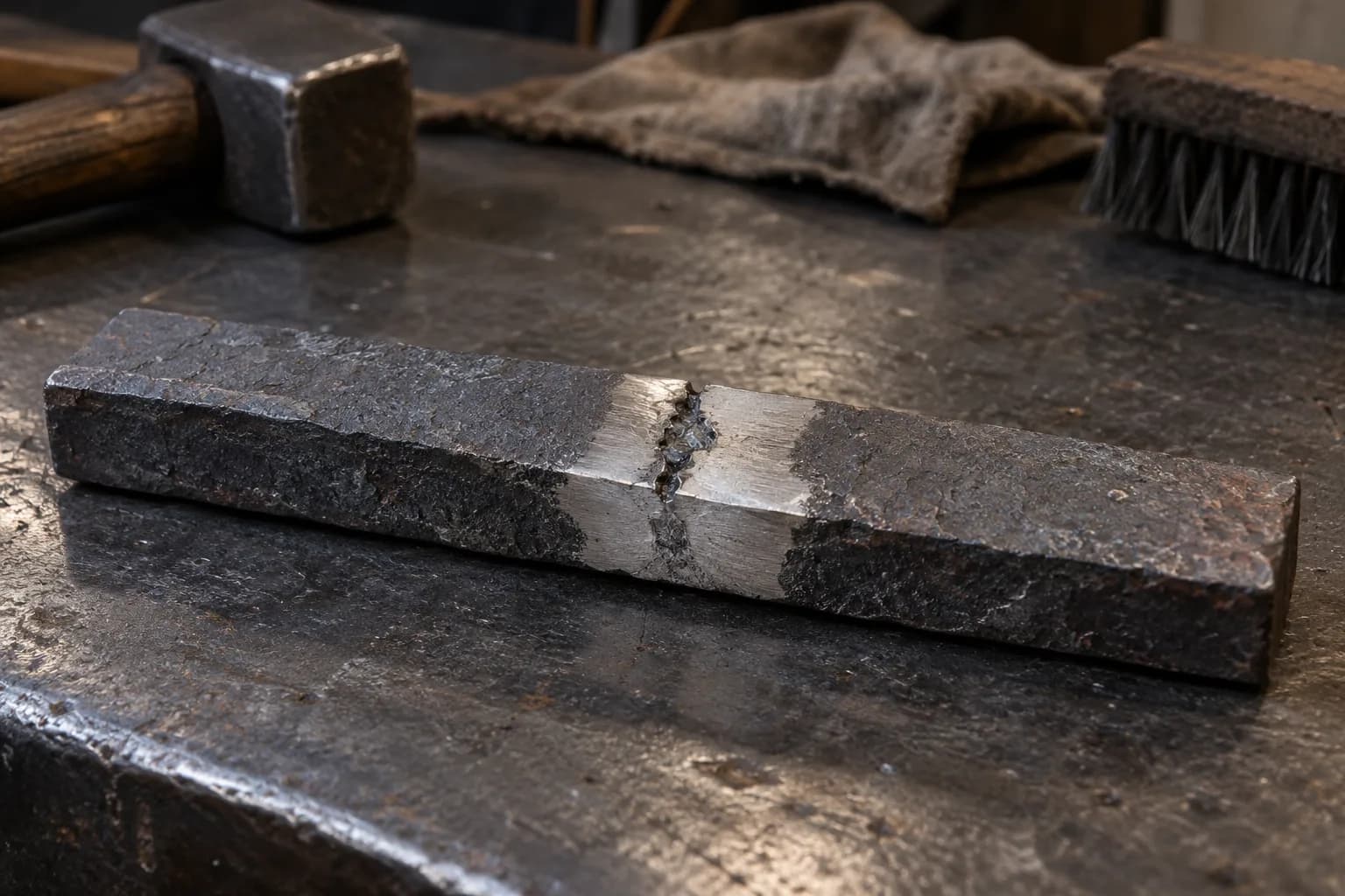 Cooled forged steel bar on a dark bench with a ground bright window exposing a jagged open weld seam and dark inclusions.