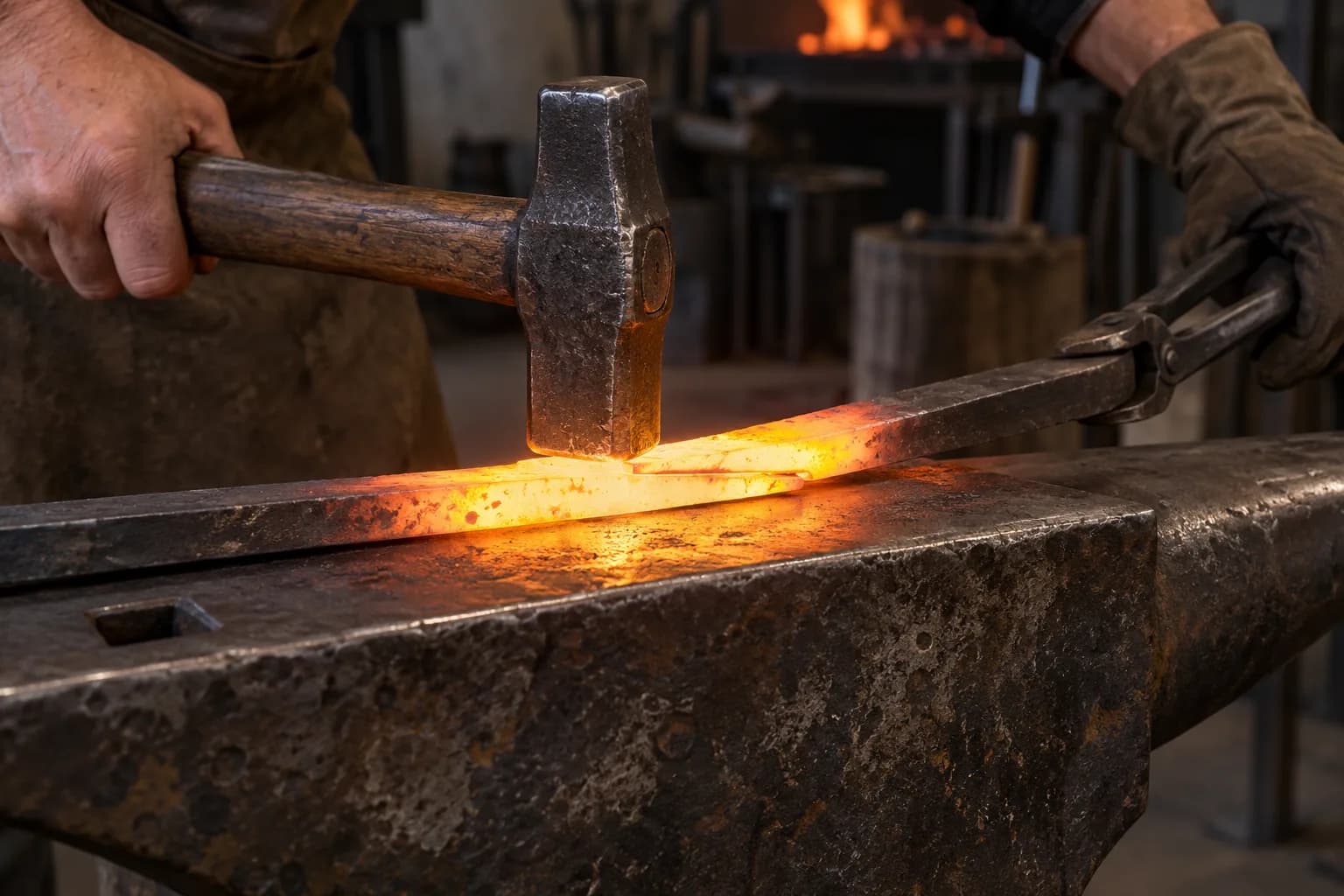 Hammer held above a glowing hot scarf joint on a worn anvil, the bar gripped by long tongs in a gloved hand
