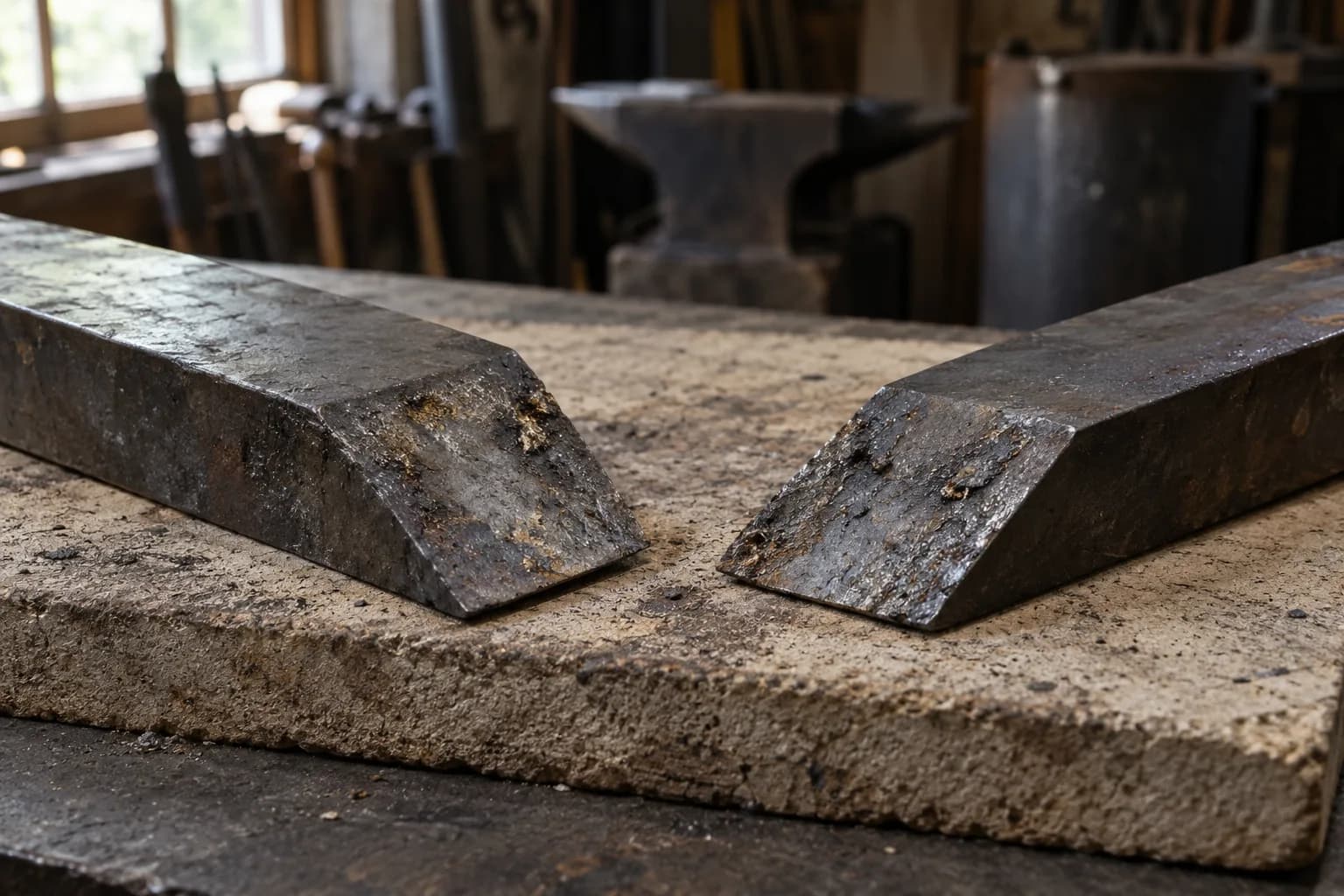 Two cold scarfed steel bar ends on a rough refractory slab, their sloped faces dull with scale and brown flux glass.