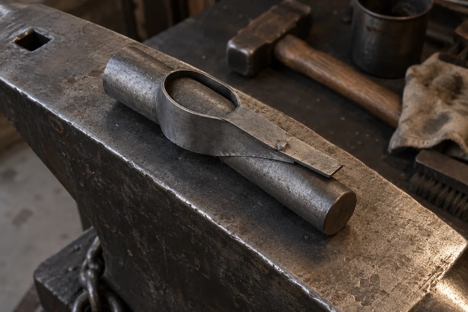 Cold steel strap bent into an oval eye around a round drift on an anvil, its overlapping tongues held by a small tack.