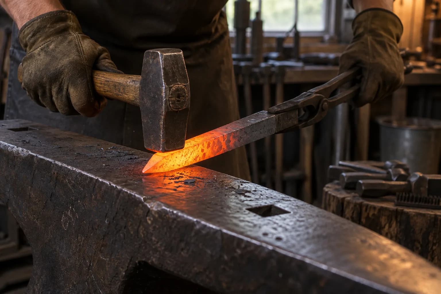 Gloved smith hammers the glowing tip of a square steel bar held in tongs on an anvil to form a knife point.