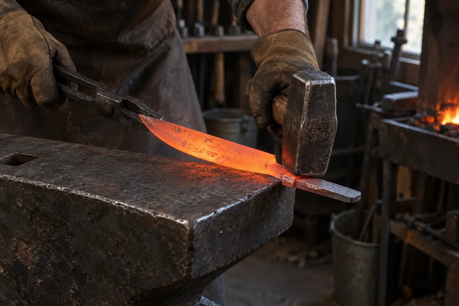 Hot knife blank with its ricasso at the anvil edge, hammer set at the shoulder and tang stock projecting past the edge.