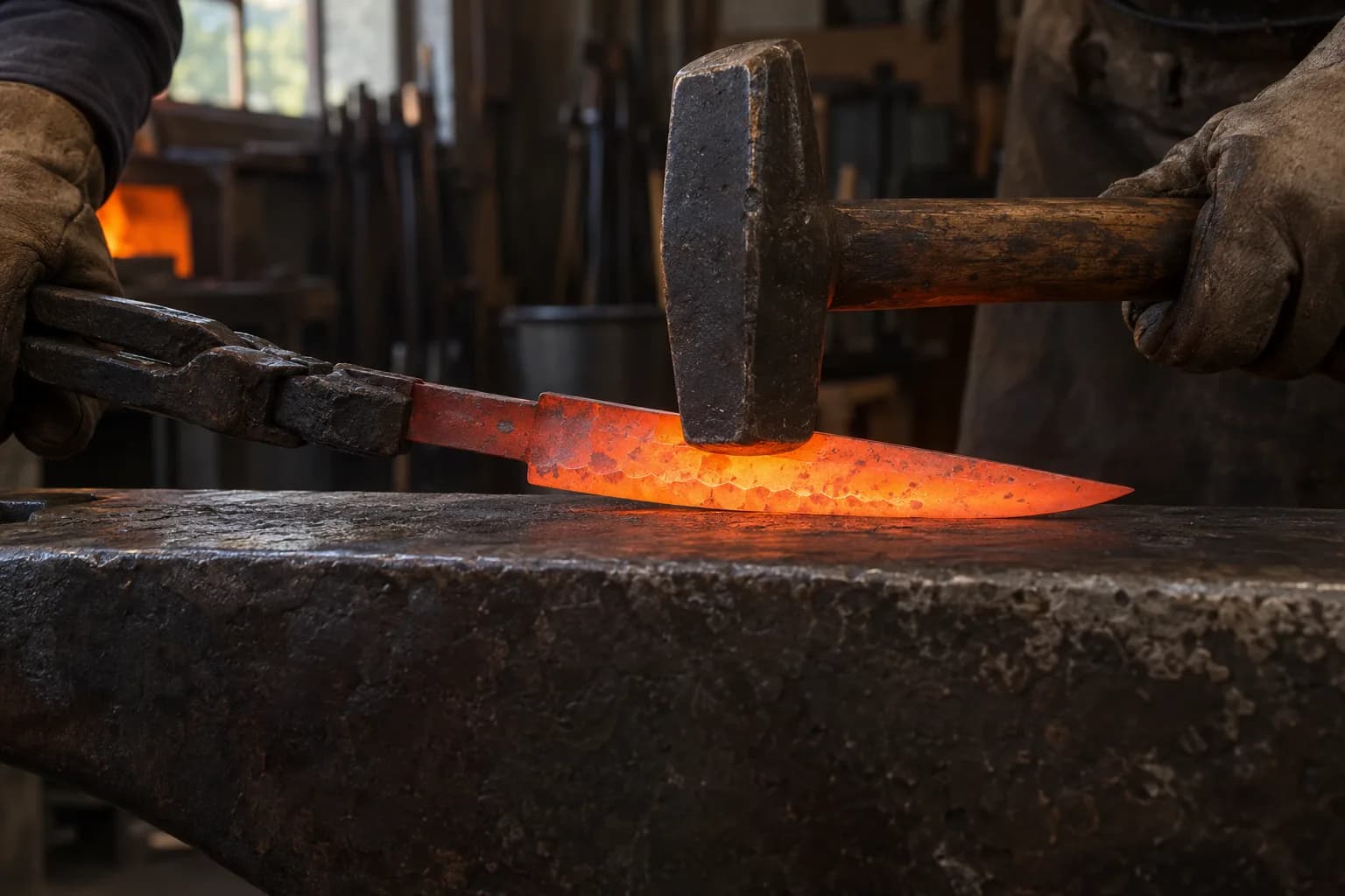 Flat-faced hammer rests on a glowing orange knife blade held in tongs on a dark anvil, gloved hands at the frame edges.