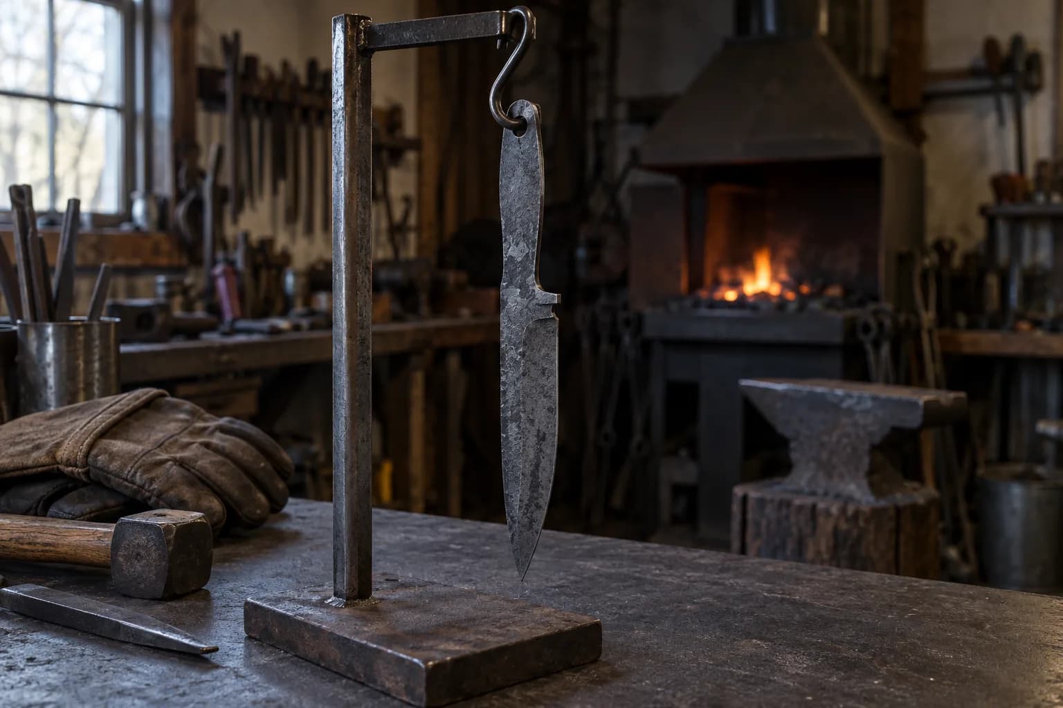 Rough forged knife blank hanging point-down from an S-hook on a steel stand, dark and cooling, forge and anvil behind.