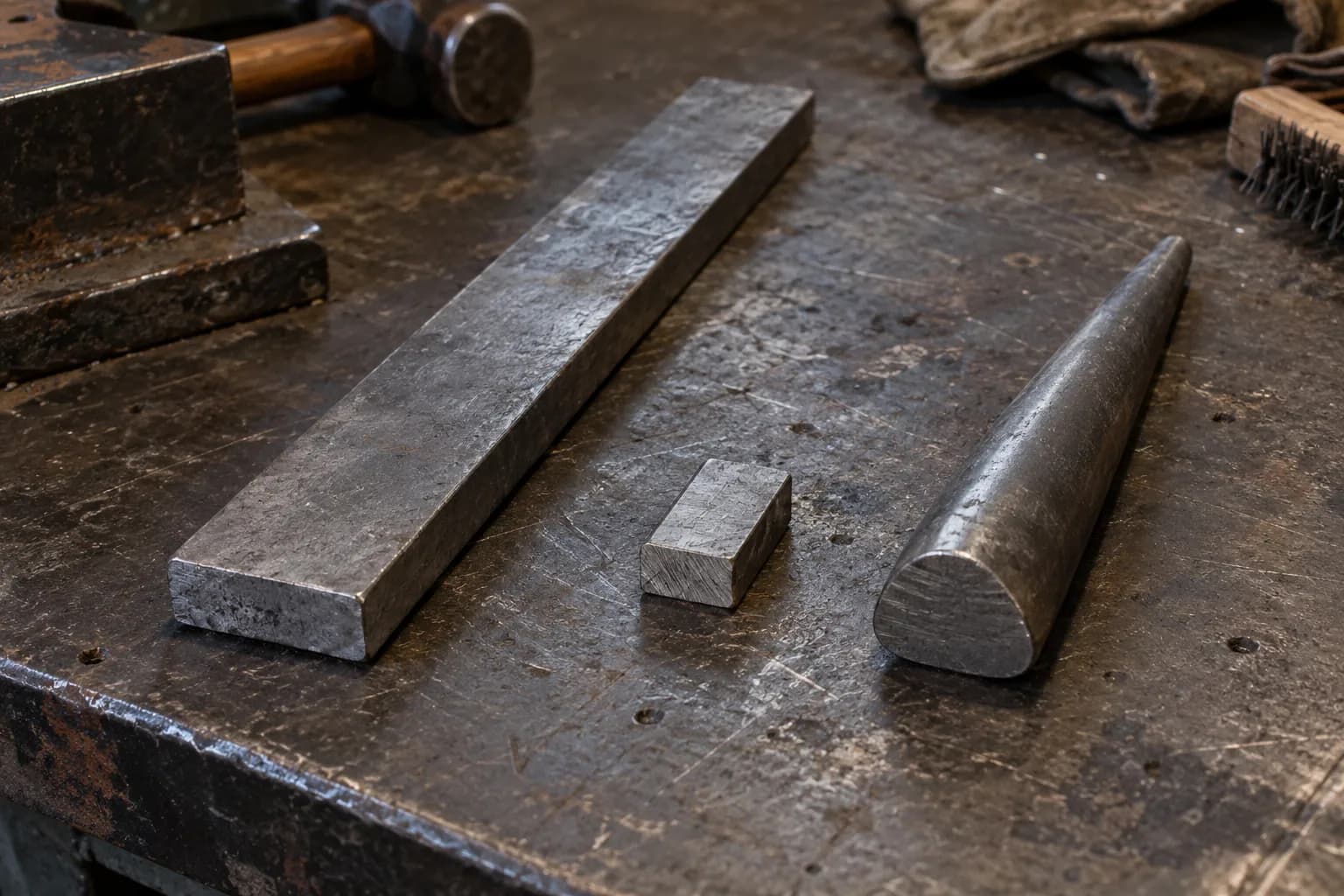 Flat steel body bar, a small rectangular steel block and a tapered drift laid apart on a scratched dark steel bench.