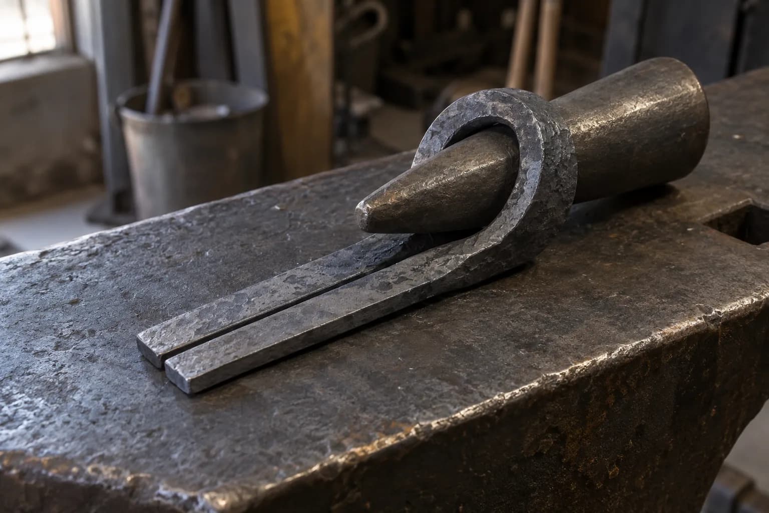 Mild-steel bar wrapped in a loop around a tapered drift on an anvil, with two flat tongues extending forward, unwelded.