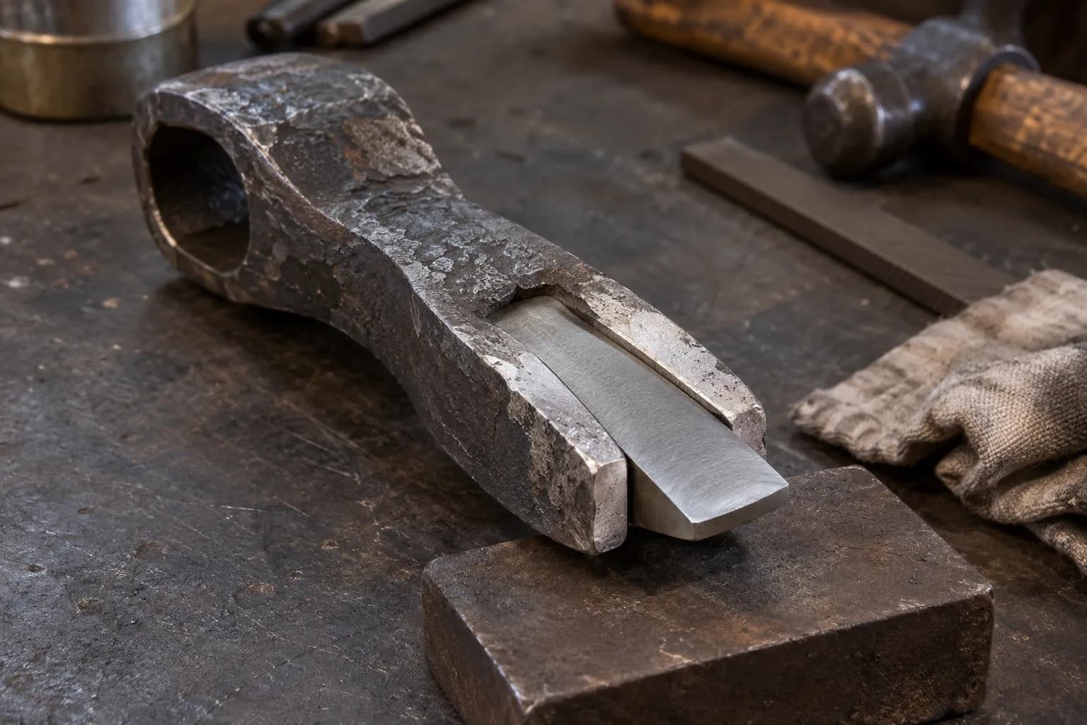 Forged tomahawk body with an empty eye and a split front holding a bright flat steel bit between its two lips on a bench.