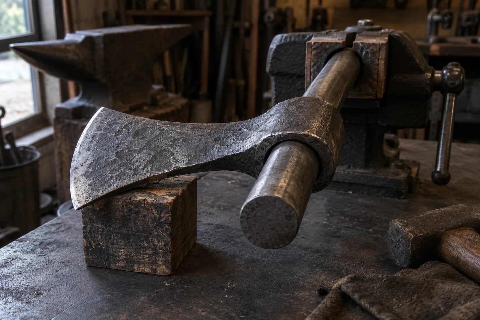 Cold rough-forged flared tomahawk head on a round drift held in a vise, its bit resting on a wood block before the anvil