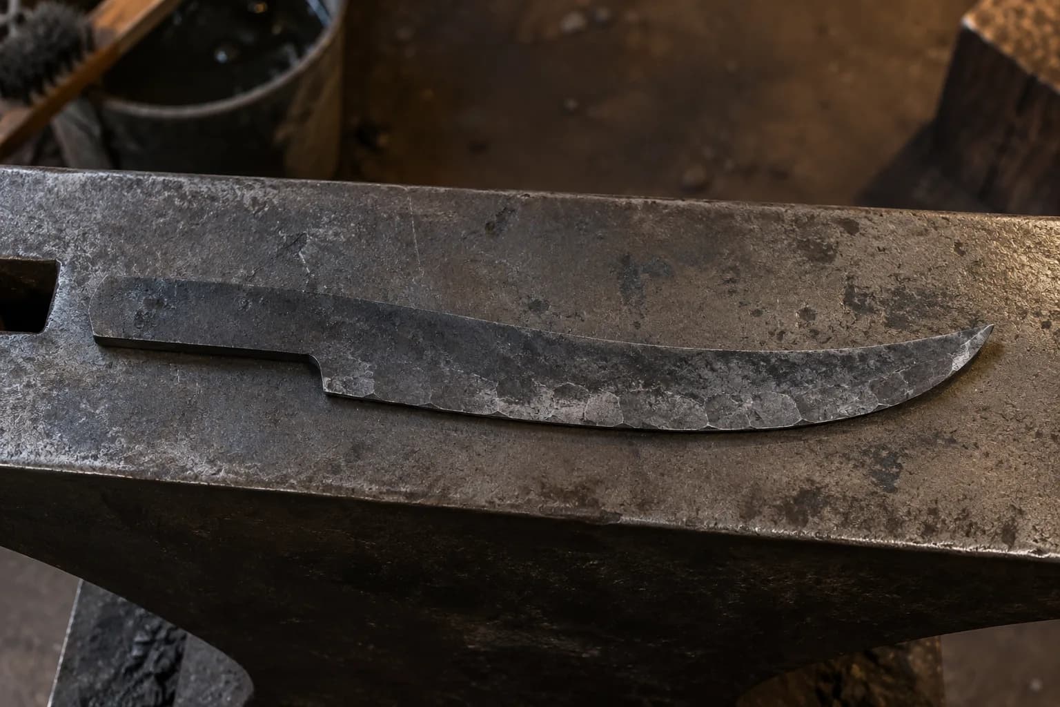 Cooled forged knife blank lying on an anvil face, tip curling up toward the spine, hammer marks along the edge side.