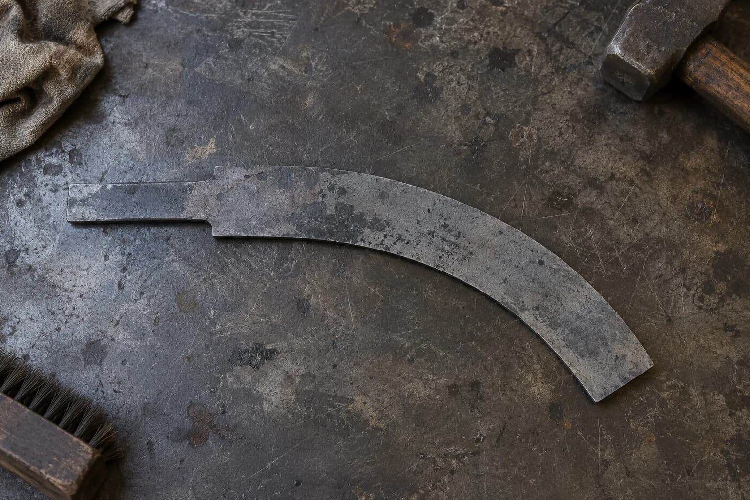 Overhead view of a cold forged knife blank with a short tang and a blunt-nosed blade bent in one broad arc on a steel bench.