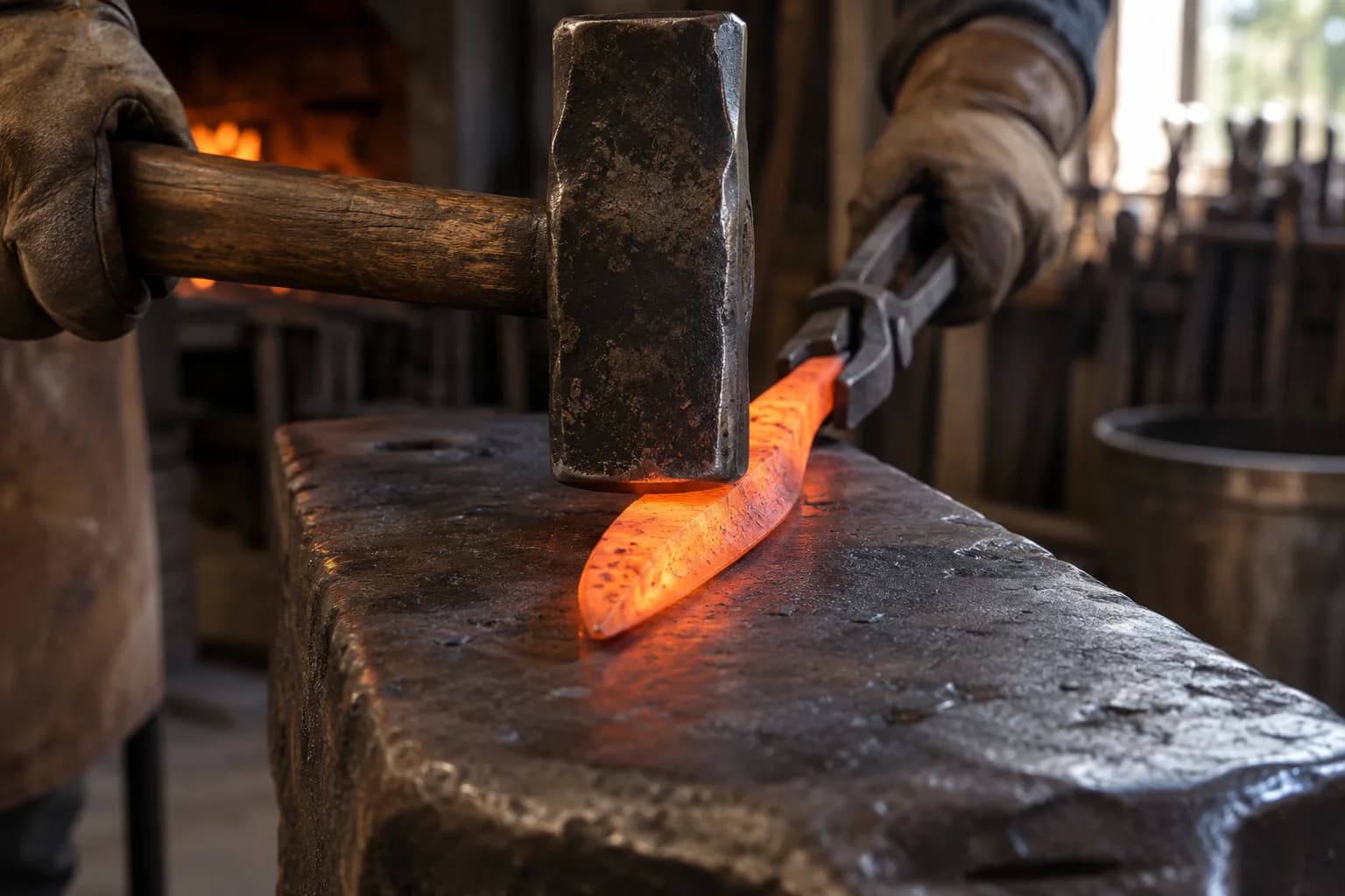 Gloved smith holds a glowing orange blade with long tongs on an anvil while a flat hammer face meets it from above.