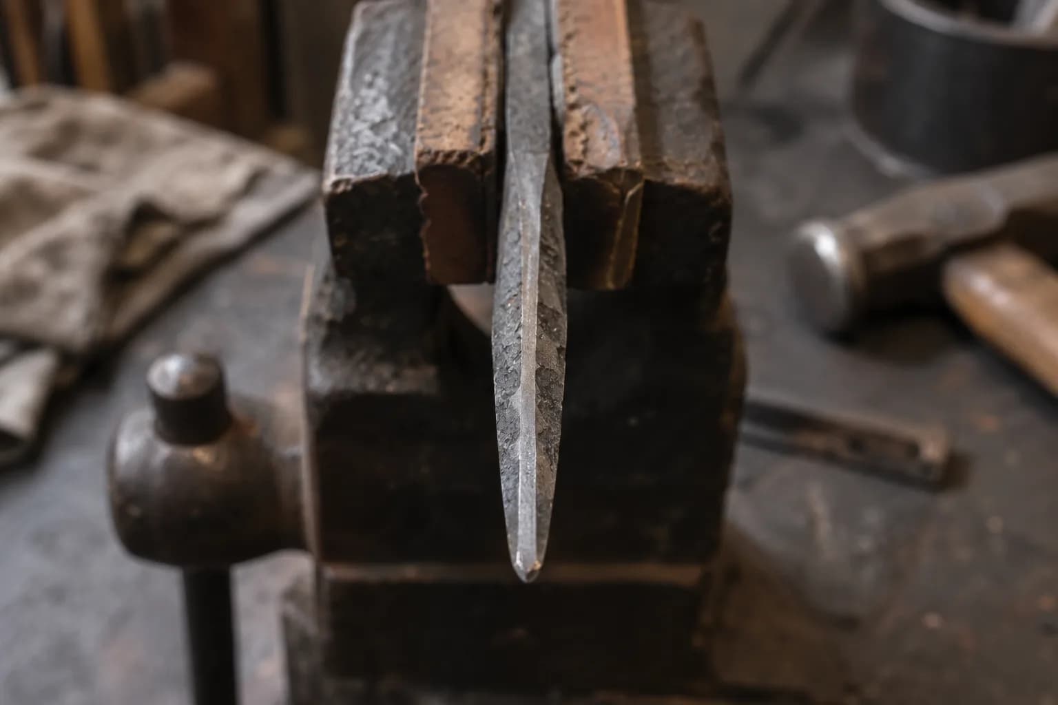 Cooled rough-forged blade clamped in a vise, seen edge-on with a flat blunt edge band between two hammer-marked bevels.