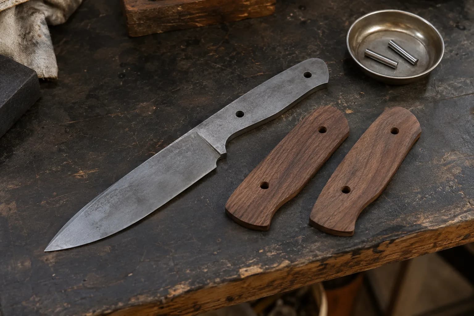 Full-tang knife blank with two pin holes beside two matching walnut scales and two steel pins in a metal dish.