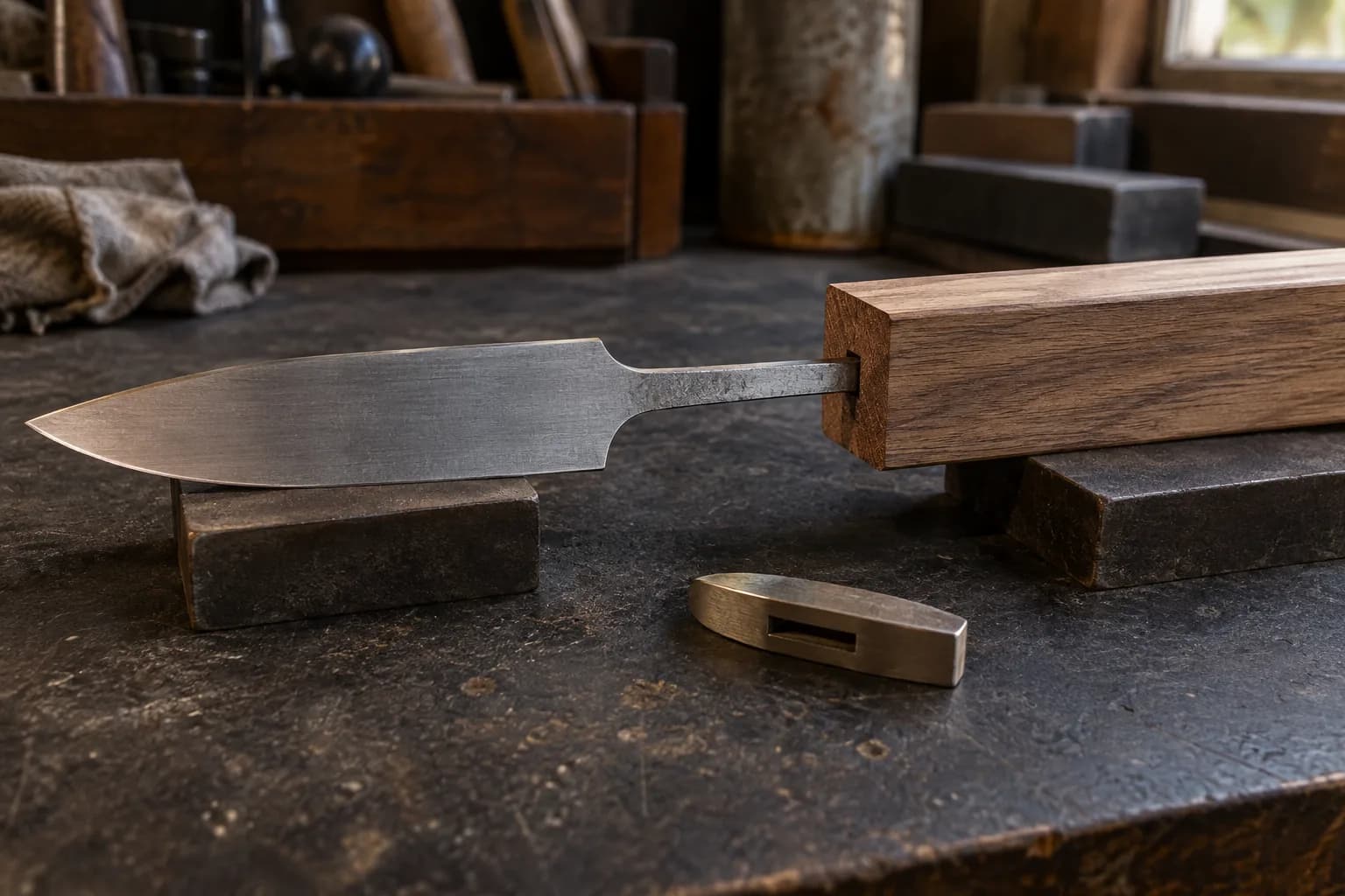 Narrow-tang knife blank with its tang just entering the slot in a walnut handle block, a slotted brass guard beside it.