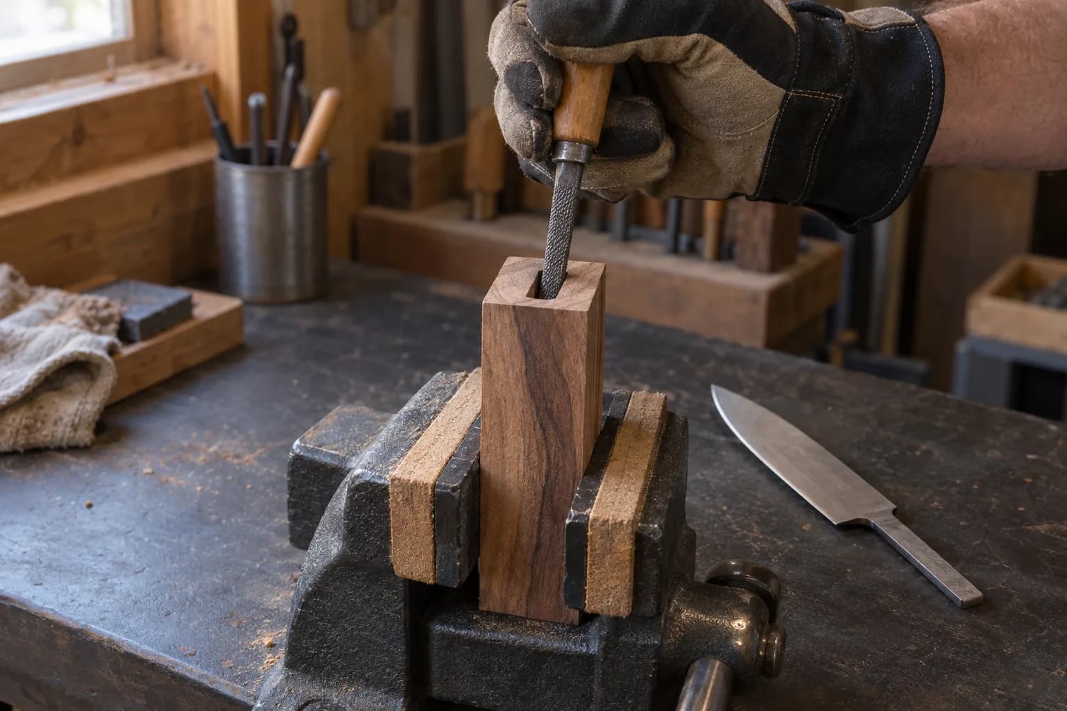 Gloved hand rasping the tang slot of a walnut handle block held upright in a wood-lined bench vise.