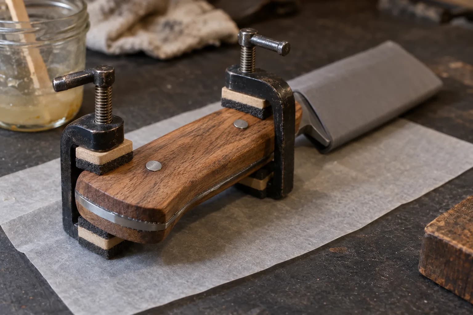 Walnut handle scales pinned to a full-tang knife, held flat by two padded screw clamps on parchment, blade in a grey sleeve.