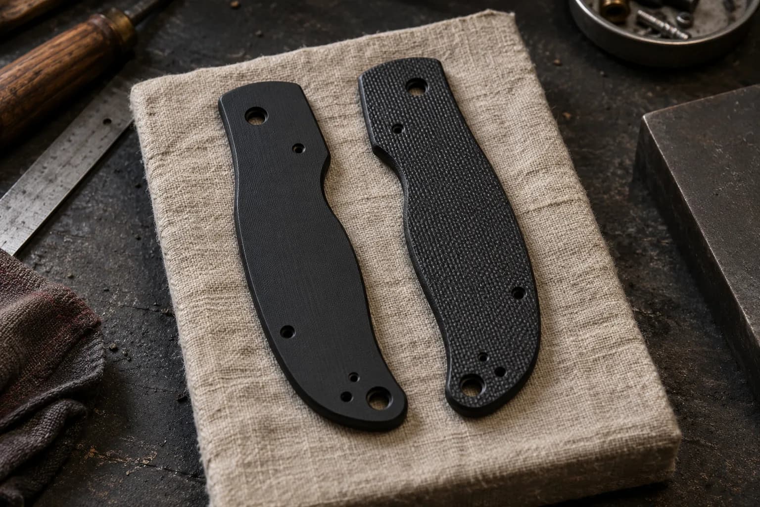 Smooth satin black G10 scale beside a black scale with fine stippled texture, both lying on a linen-covered block.