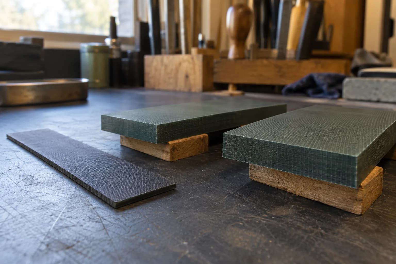 Thin dark G10 liner strip lying beside two thick green G10 blanks resting on wooden blocks, cut edges facing the camera.