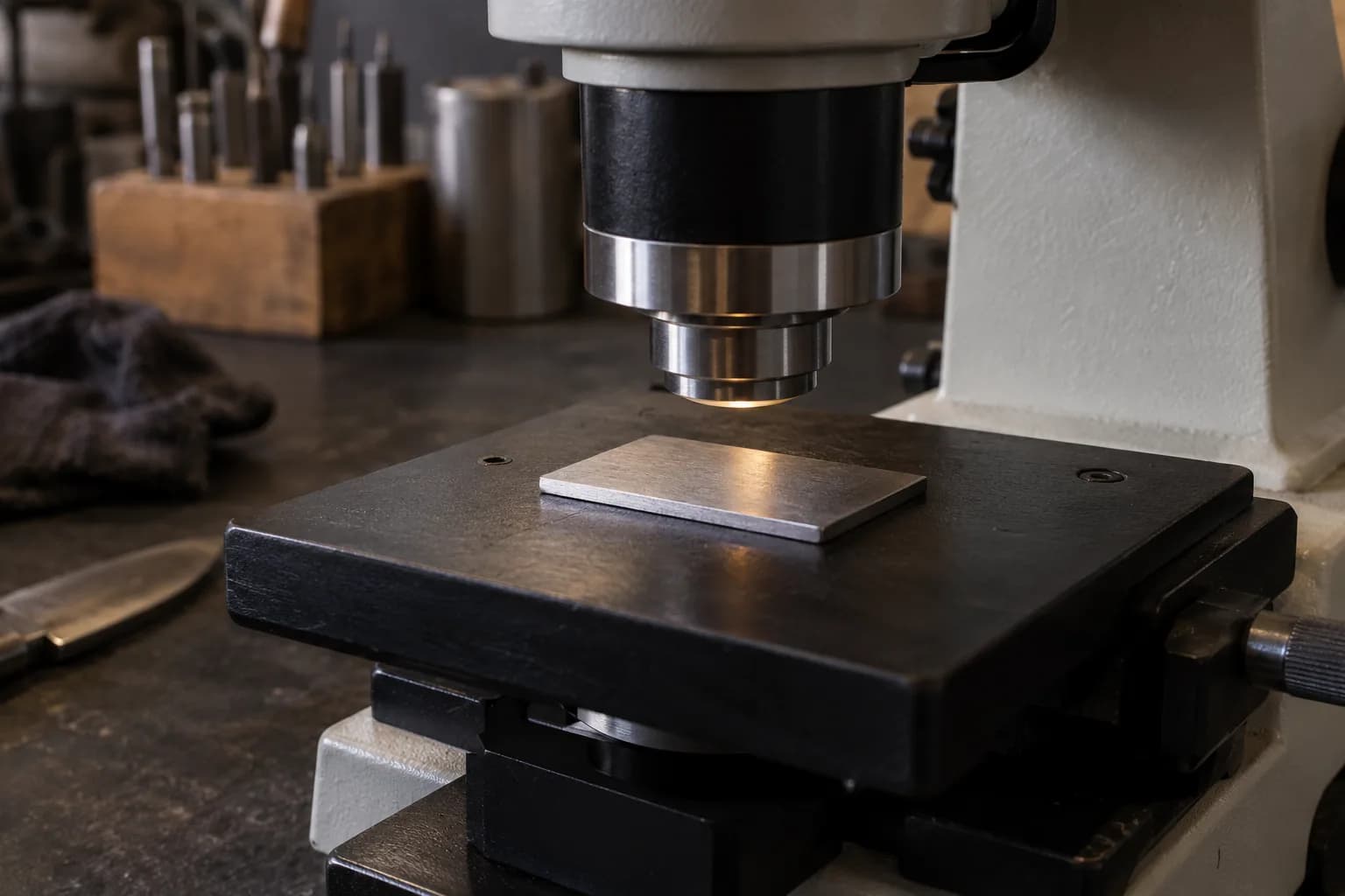 Flat steel test plate resting on a black microscope stage beneath the objective lens on a dark knife-shop bench.