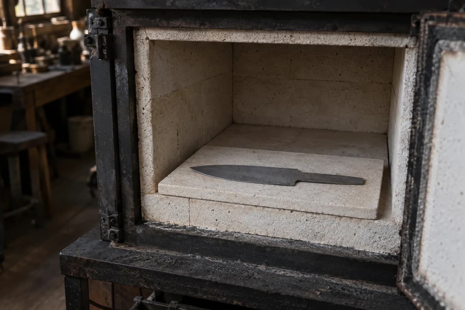 Cold knife blank lying flat on a ceramic tray inside an open, unlit brick heat-treat furnace in a small shop
