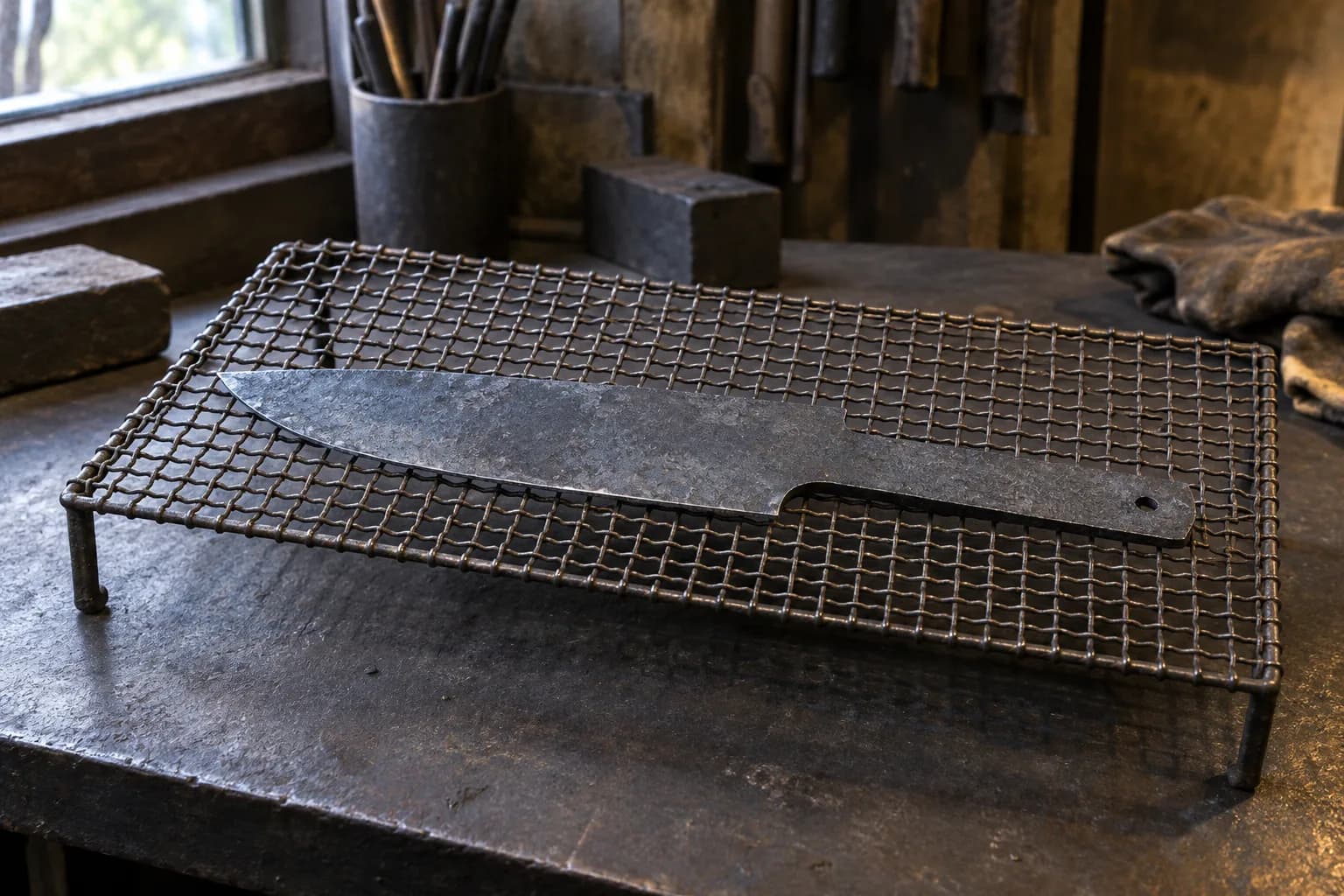 Dark forged knife blank with hammered scale lying flat on a raised steel wire mesh over a charcoal bench, cooling in still air.