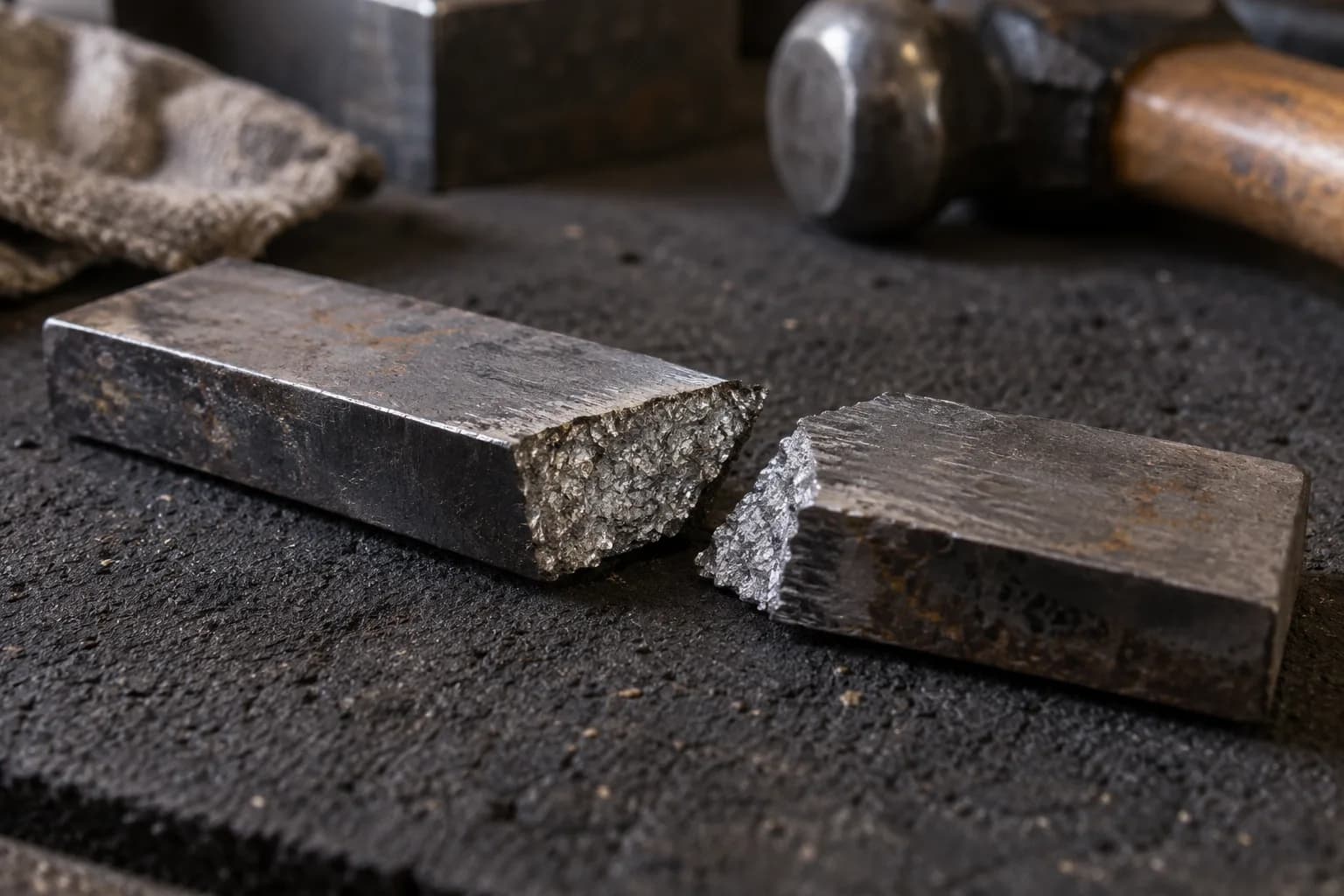 Snapped steel test coupon in two pieces on a dark bench pad, showing a coarse, faceted gray fracture face.