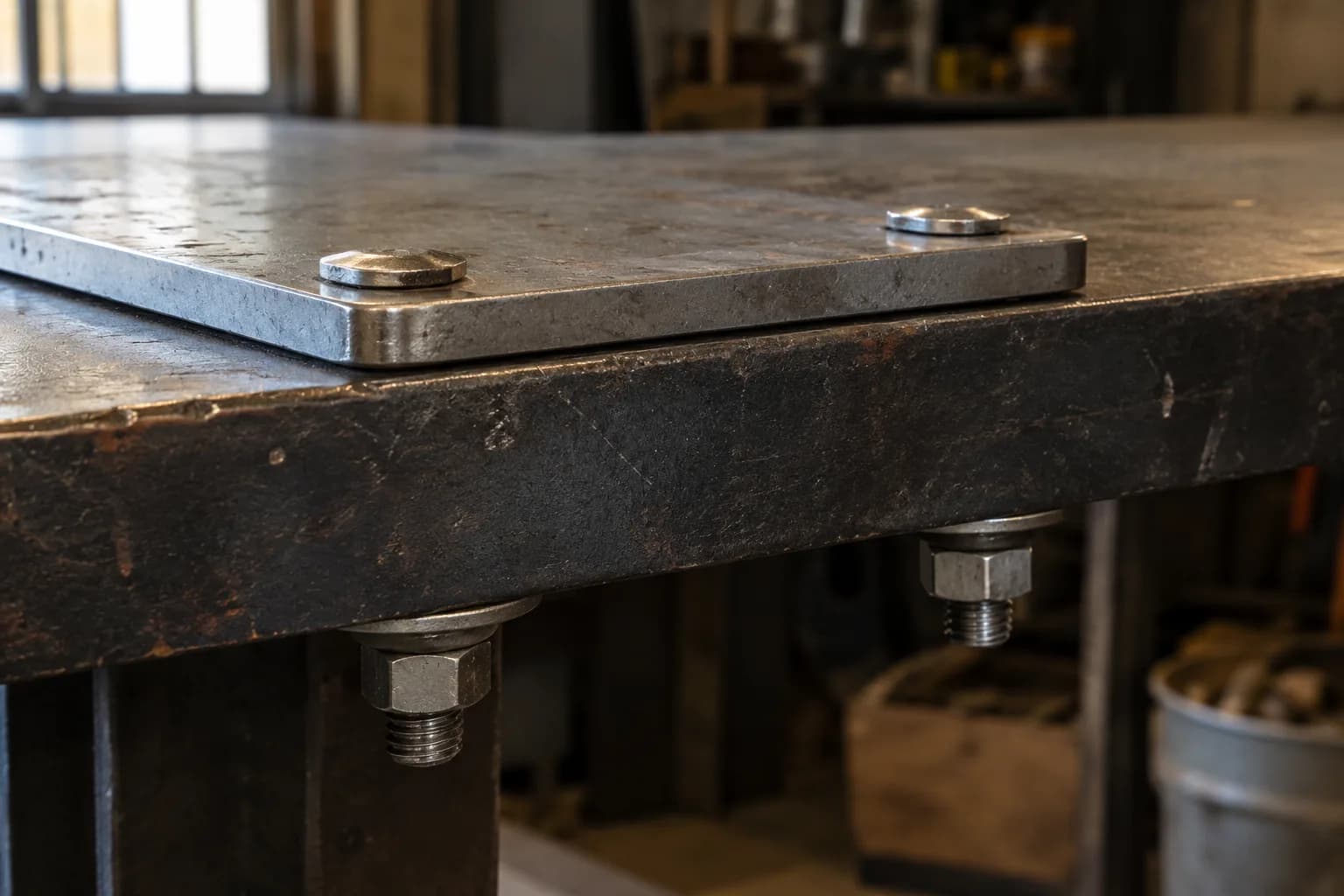 Steel plate bolted to a heavy steel bench, with washers and hex nuts showing under the bench edge