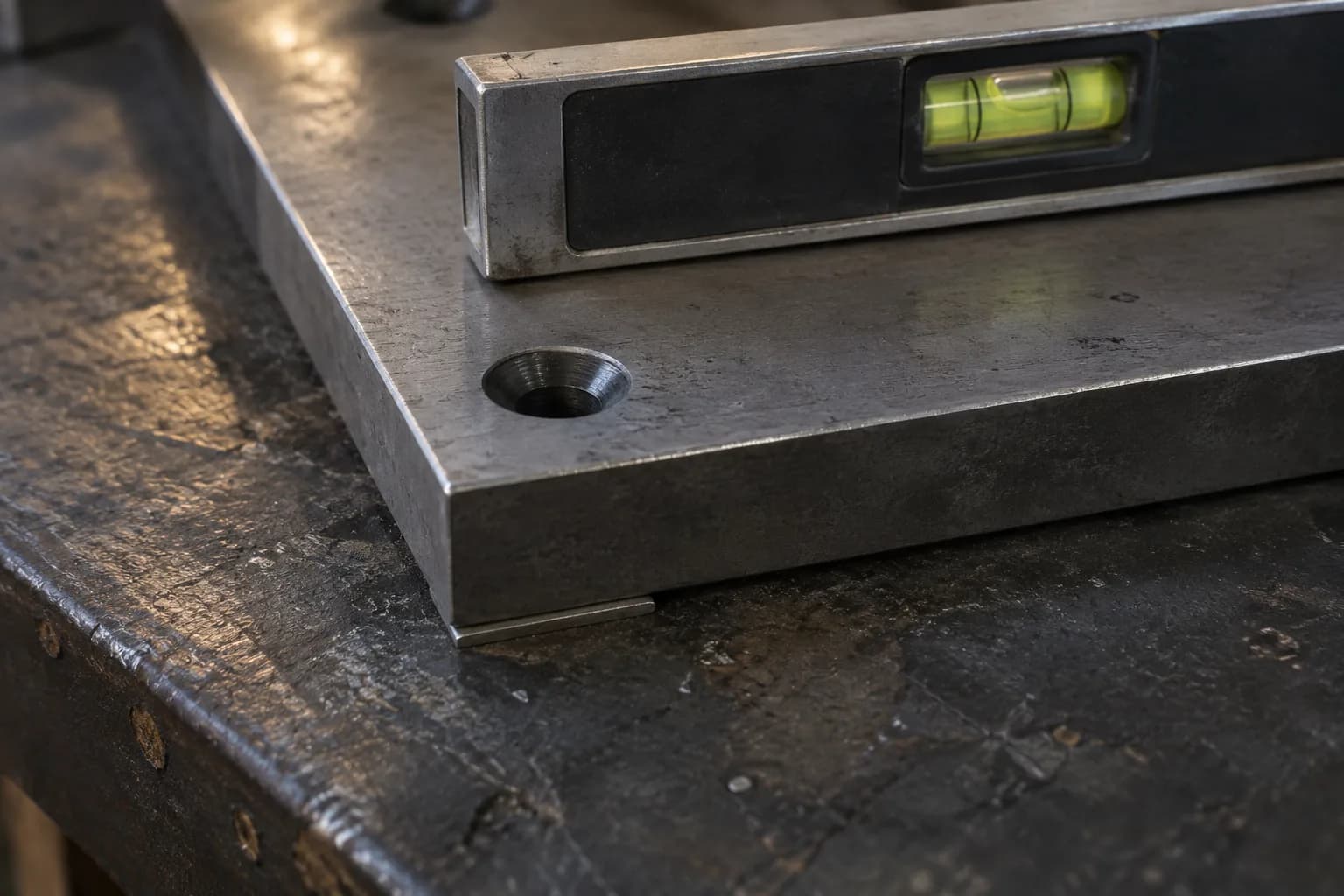 Thin steel shim under one corner of a thick steel plate, with a spirit level resting on the plate