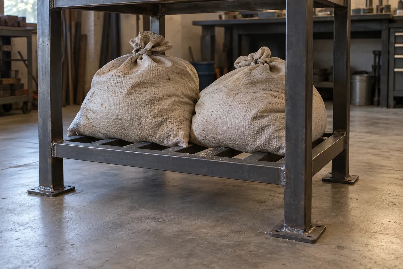 Two dusty, tied burlap sandbags resting on the low slatted shelf of a welded steel shop stand on a concrete floor.
