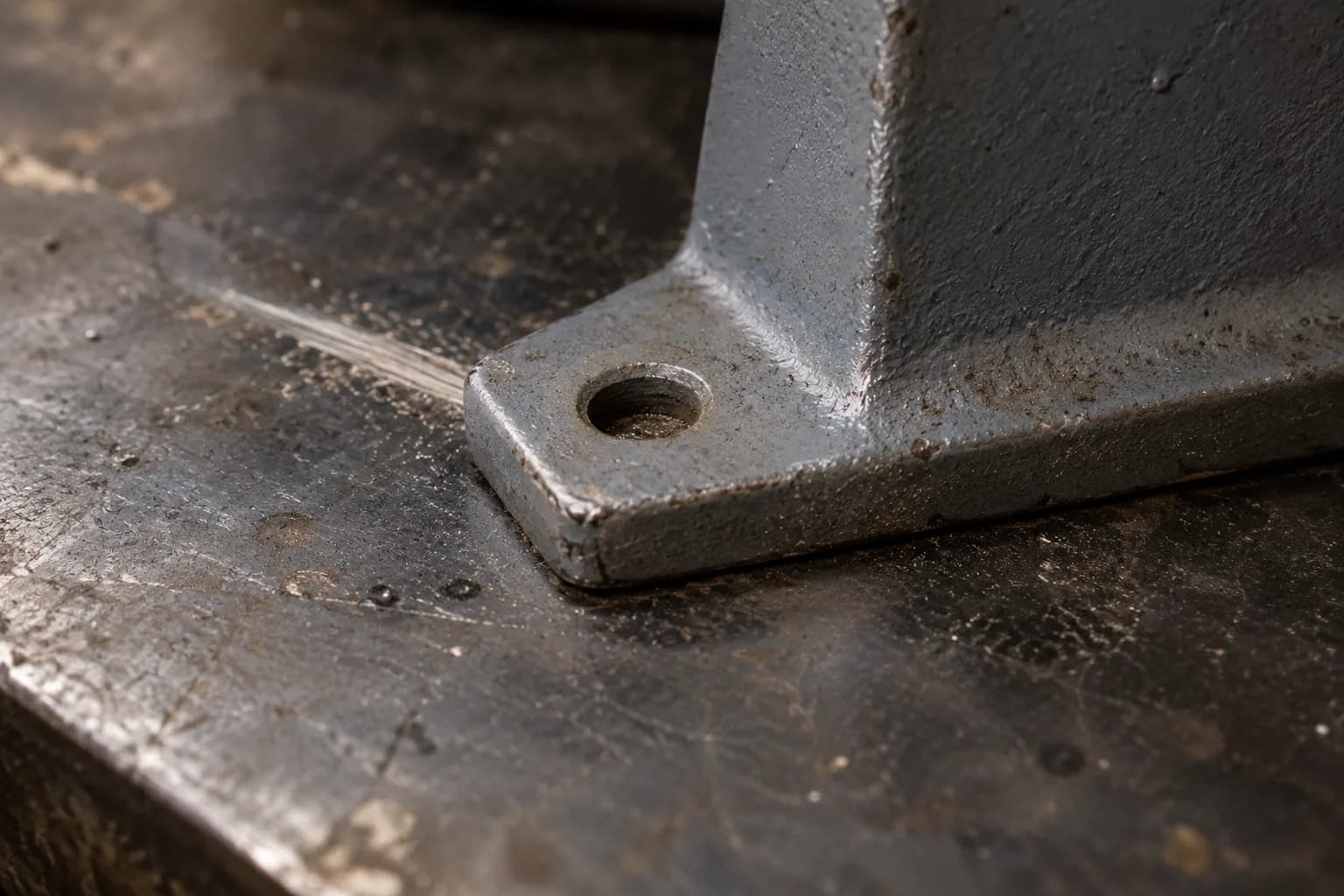 Gray cast grinder mounting foot with an empty bolt hole resting on a worn steel bench, a short scrape ending at its corner