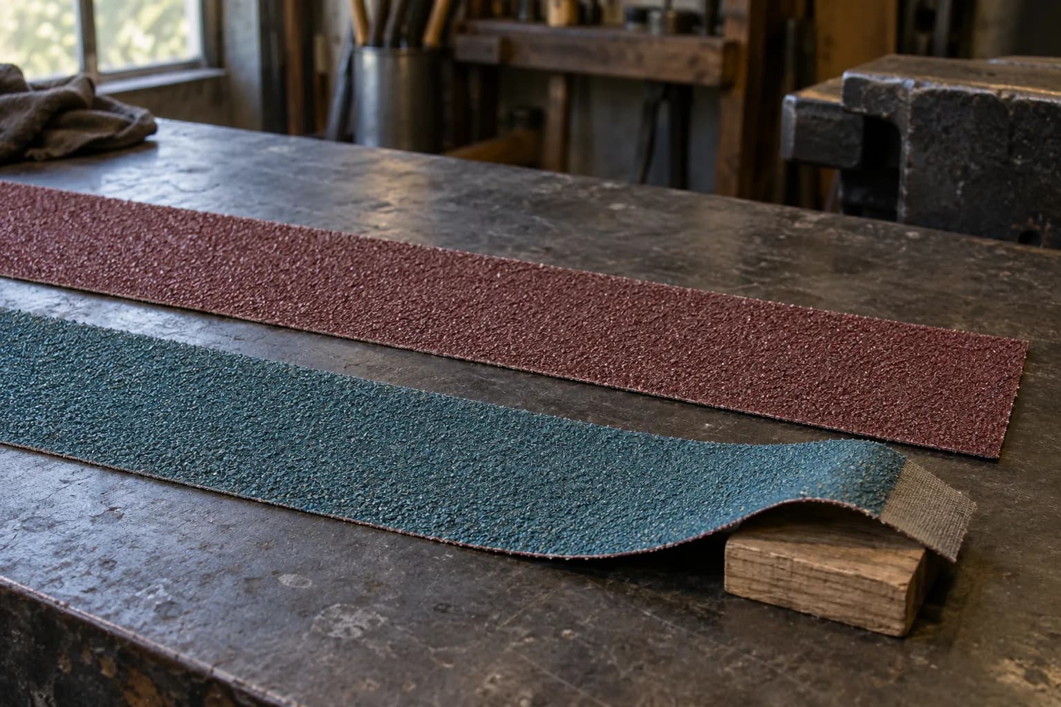 Maroon ceramic and blue-green zirconia abrasive belt strips on a worn steel bench, one end lifted over a wood block.