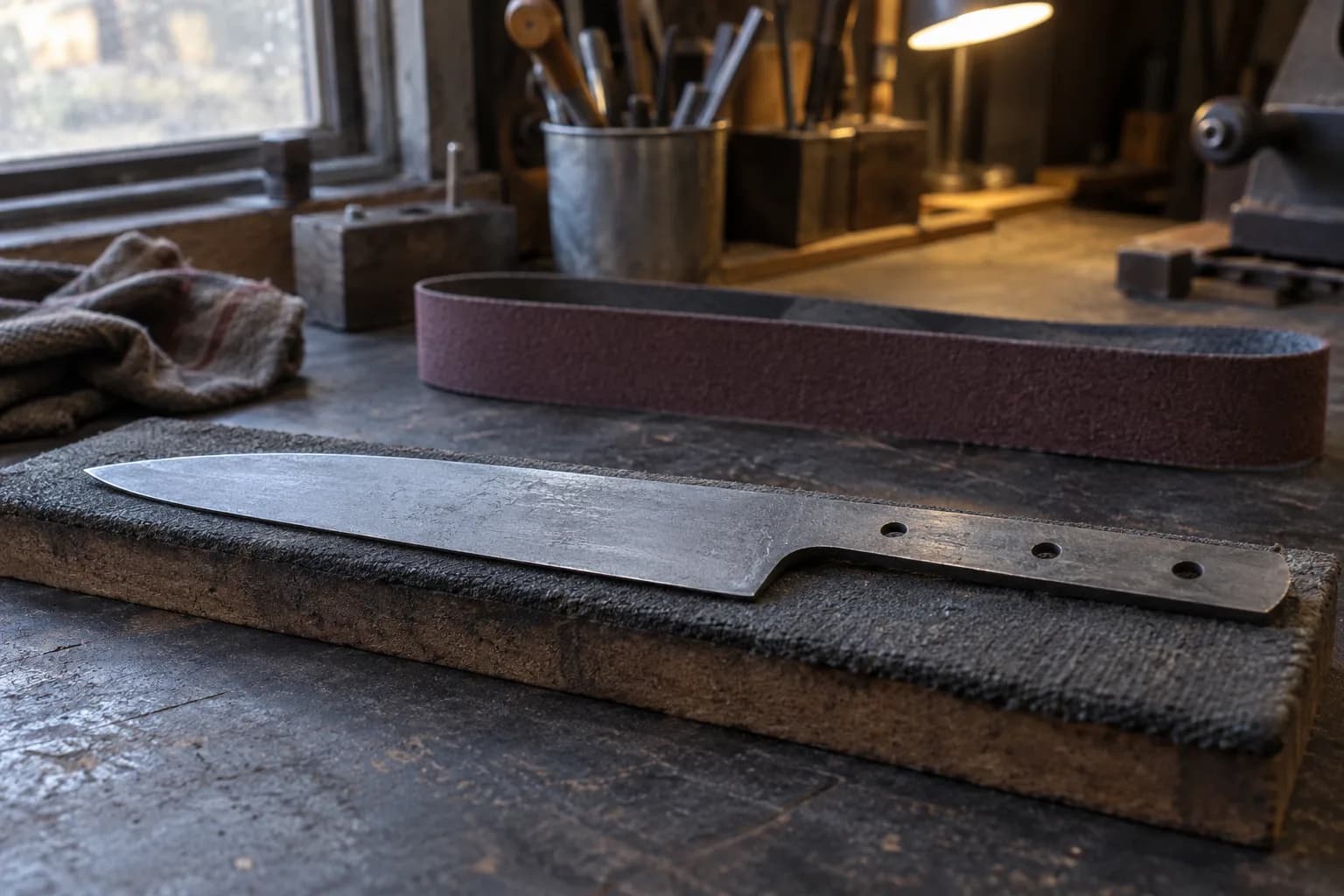 Thin unhandled kitchen-knife blank with three handle holes on a felt-padded board, a maroon belt loop behind it.