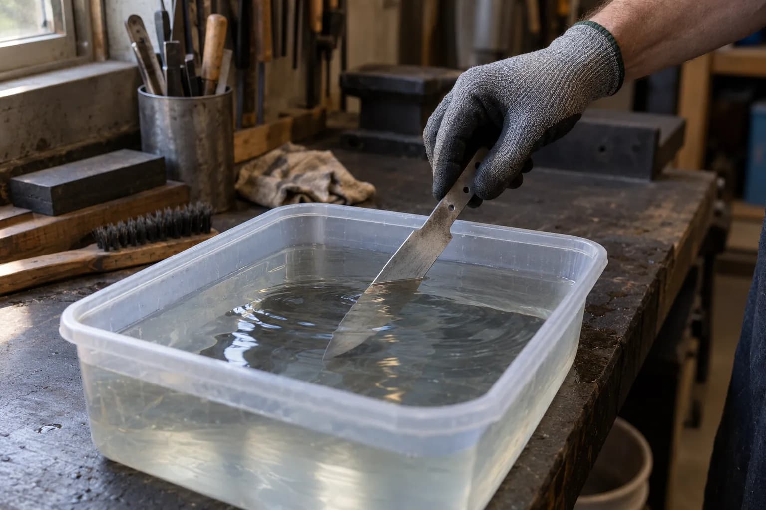 Gloved hand lowers a thin kitchen-knife blank by its tang into a clear plastic water tub on a shop bench.