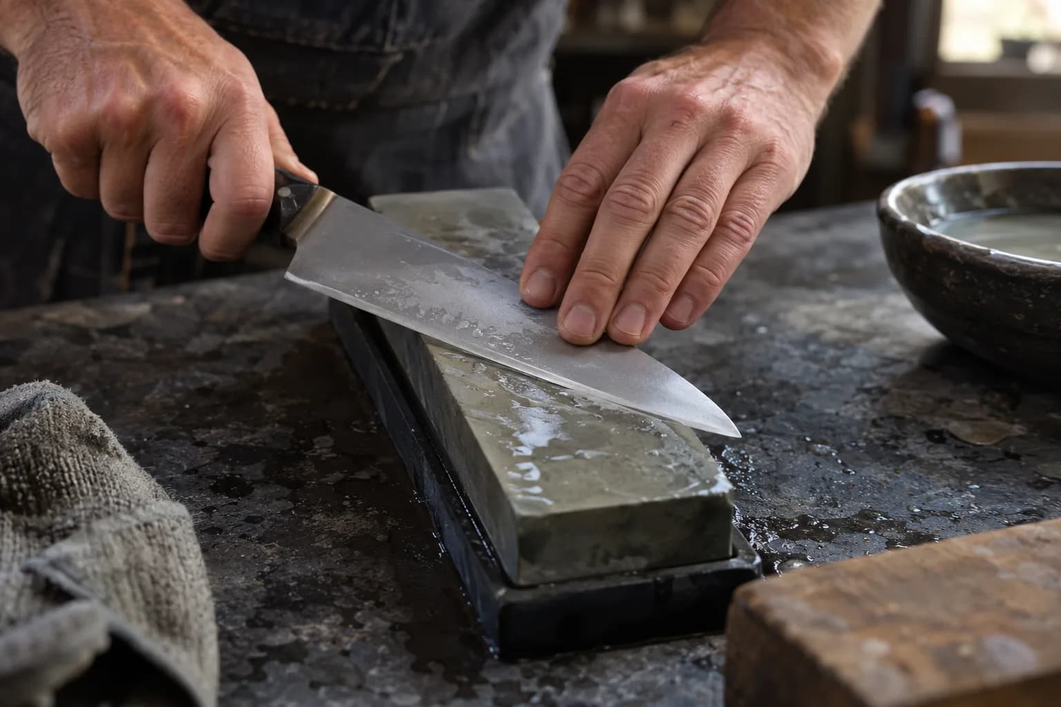 Hands hold a chef's knife diagonally across a wet sharpening stone in a black nonslip base, with a water bowl and cloth nearby.