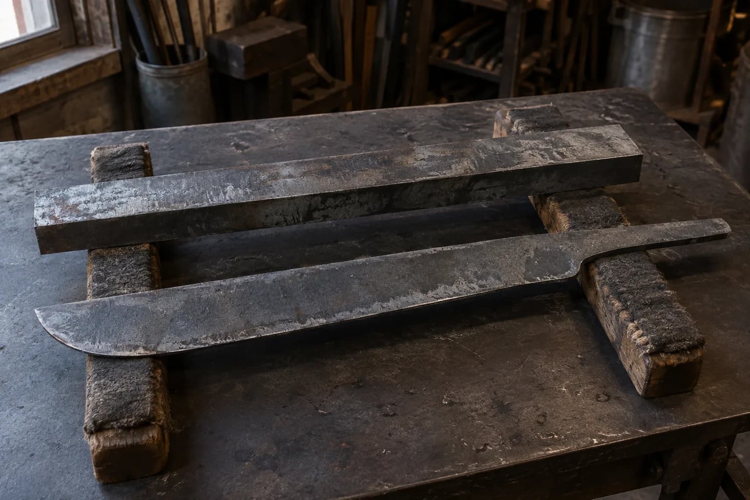Rough machete blank and a plain steel bar lying side by side on two rope-wrapped wooden bench rails.