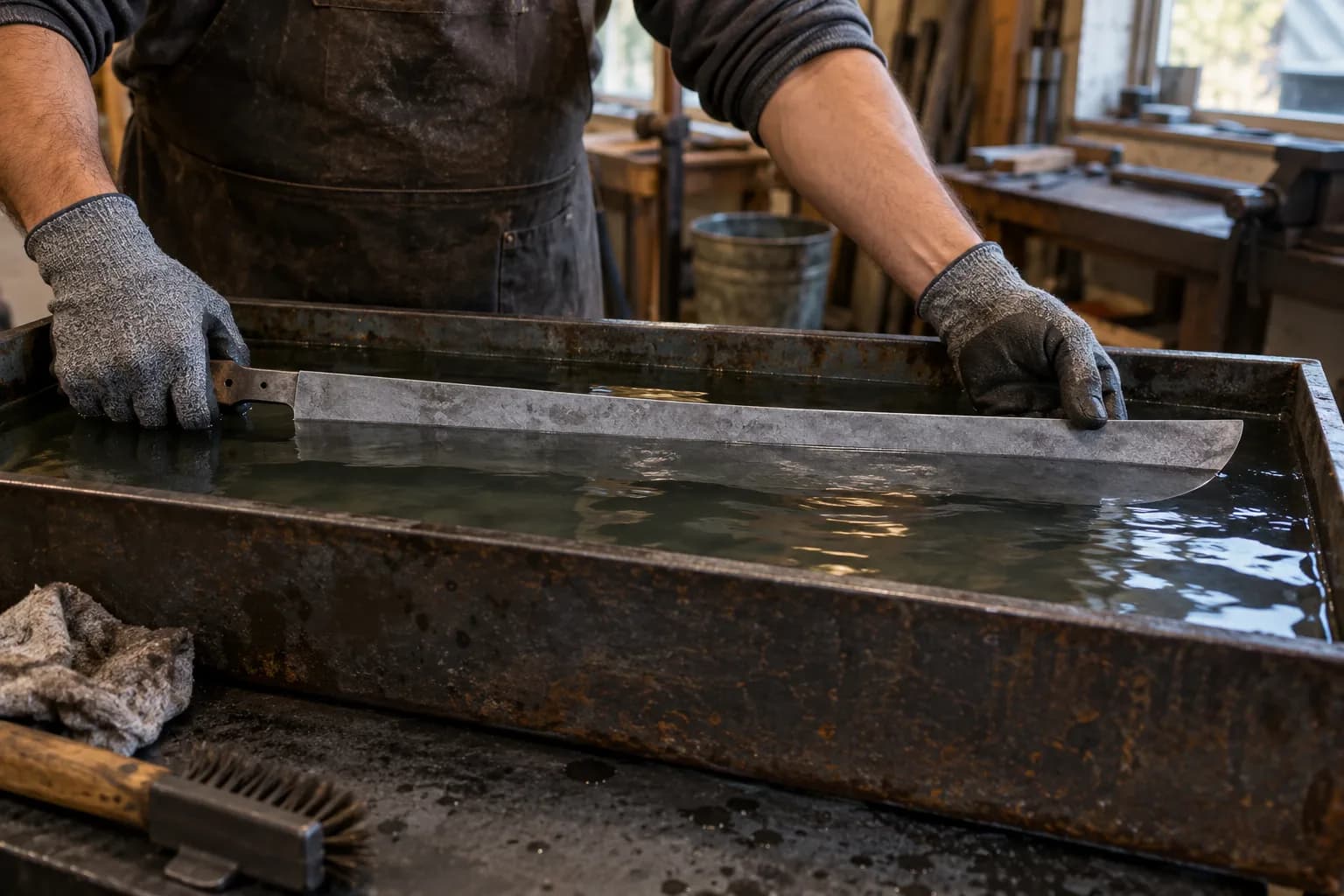 Gloved hands hold a long machete blank level in a rusty water trough, its lower half submerged during a cooling break.