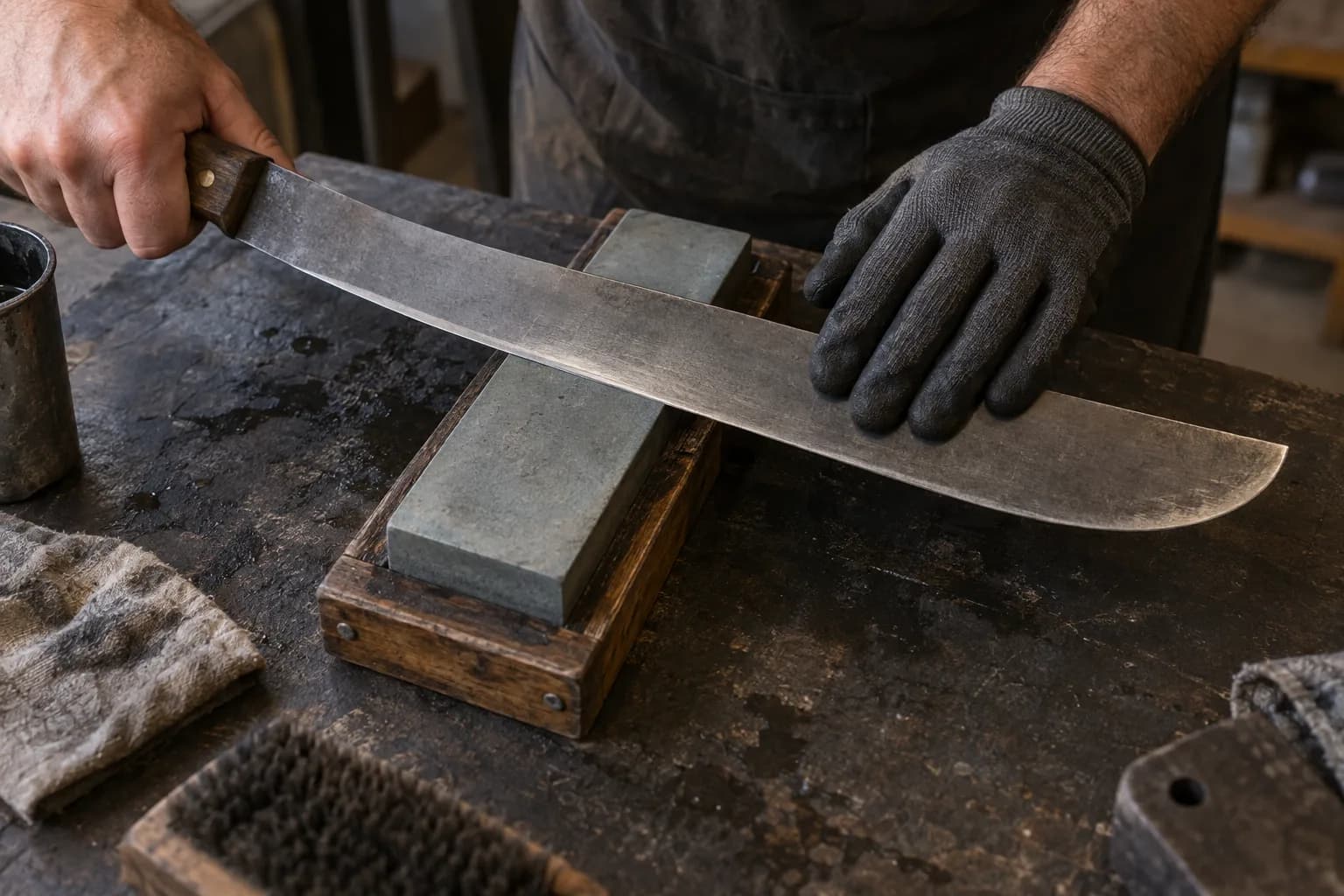 Bare hand on a machete handle and a gloved hand on the blade flat, edge resting on a gray stone in a wooden holder.