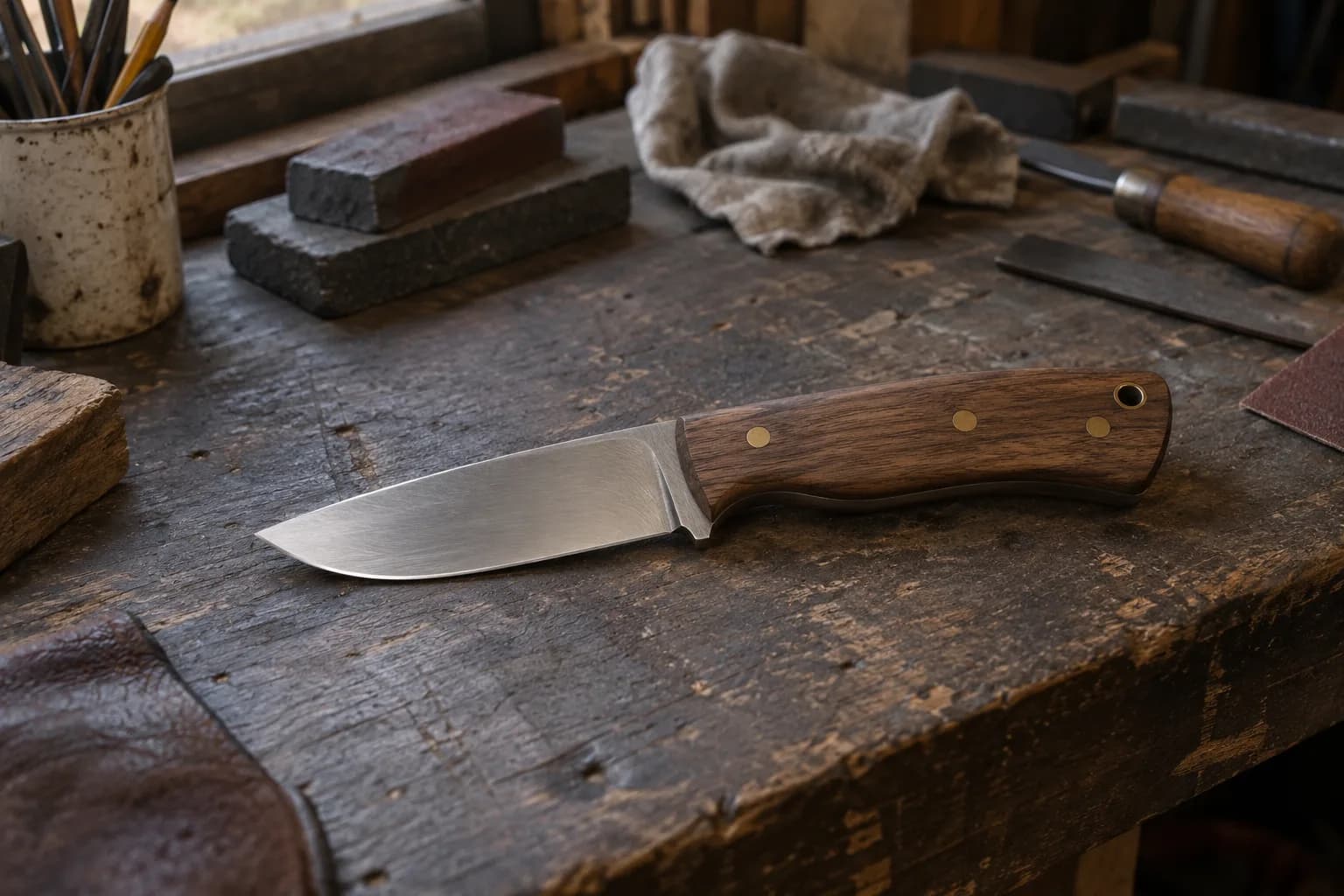 Finished drop-point knife with satin blade and brass-pinned walnut handle lying on a worn dark workbench.