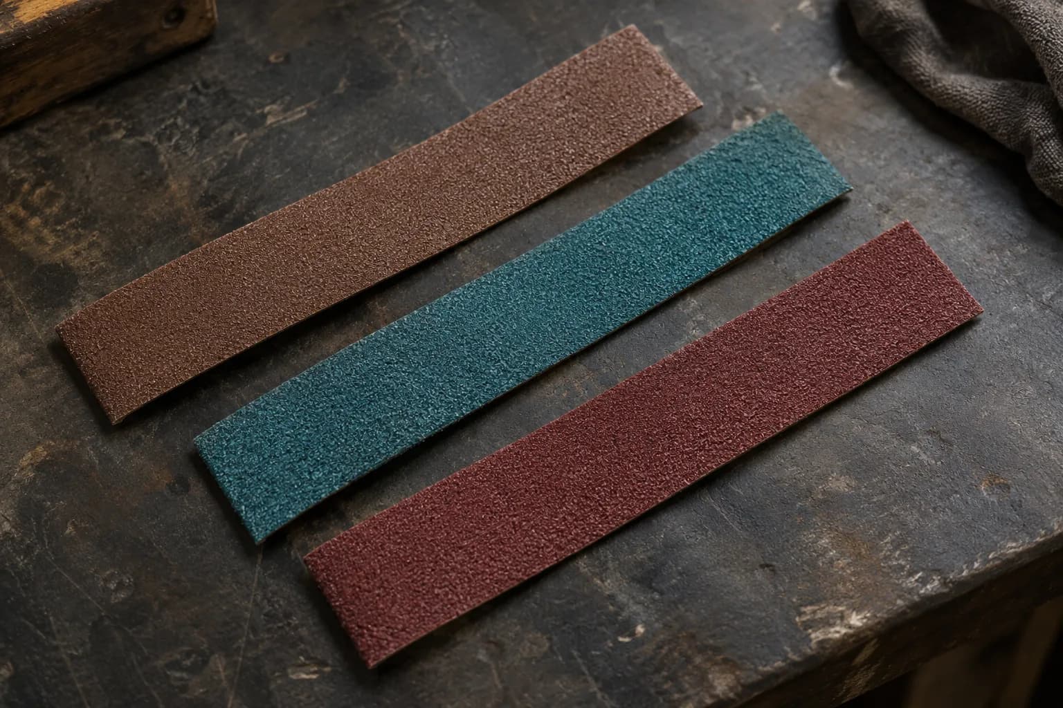 Three flat abrasive belt strips in brown, blue-green and maroon laid in parallel on a dark worn bench.