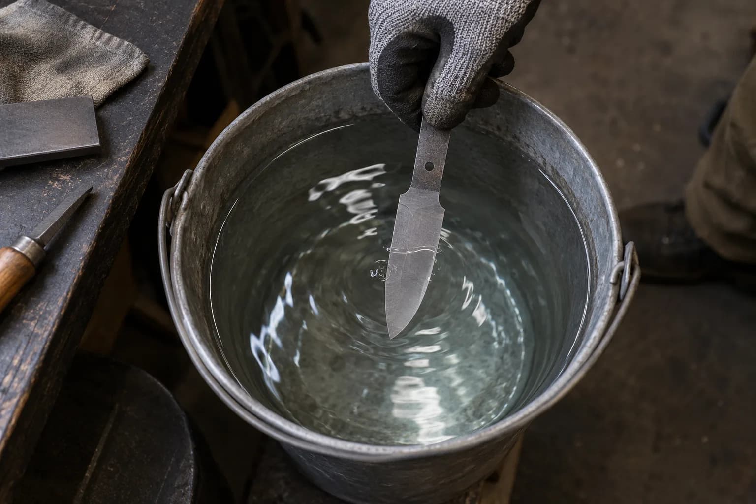 Gloved hand lowers a small drop-point knife blank by its tang into a galvanized bucket of rippling water.