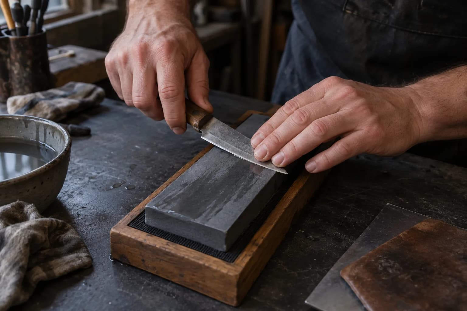 Hands draw a small wood-handled knife along a gray sharpening stone in a wooden holder, water bowl beside it.