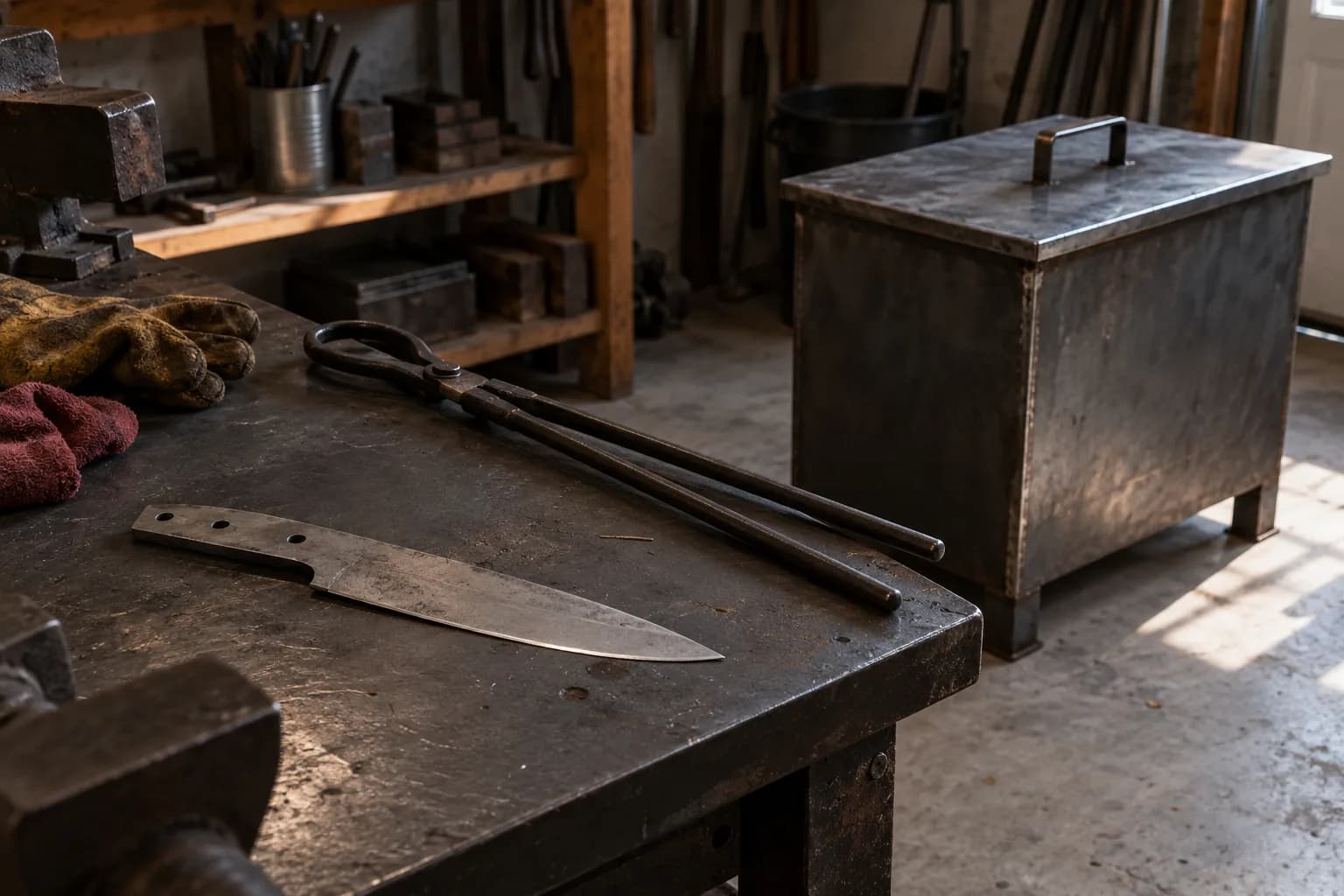 Plain knife blank with tang holes on a steel bench beside long tongs, with a closed lidded steel tank on the floor behind.