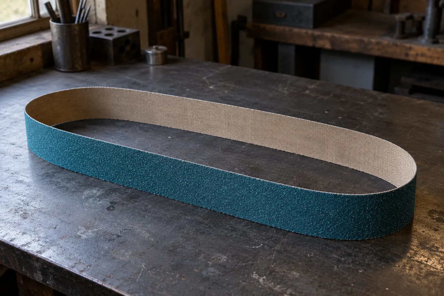 Blue-green zirconia grinder belt loop standing in a long oval on a dark steel workbench, tan cloth backing visible inside