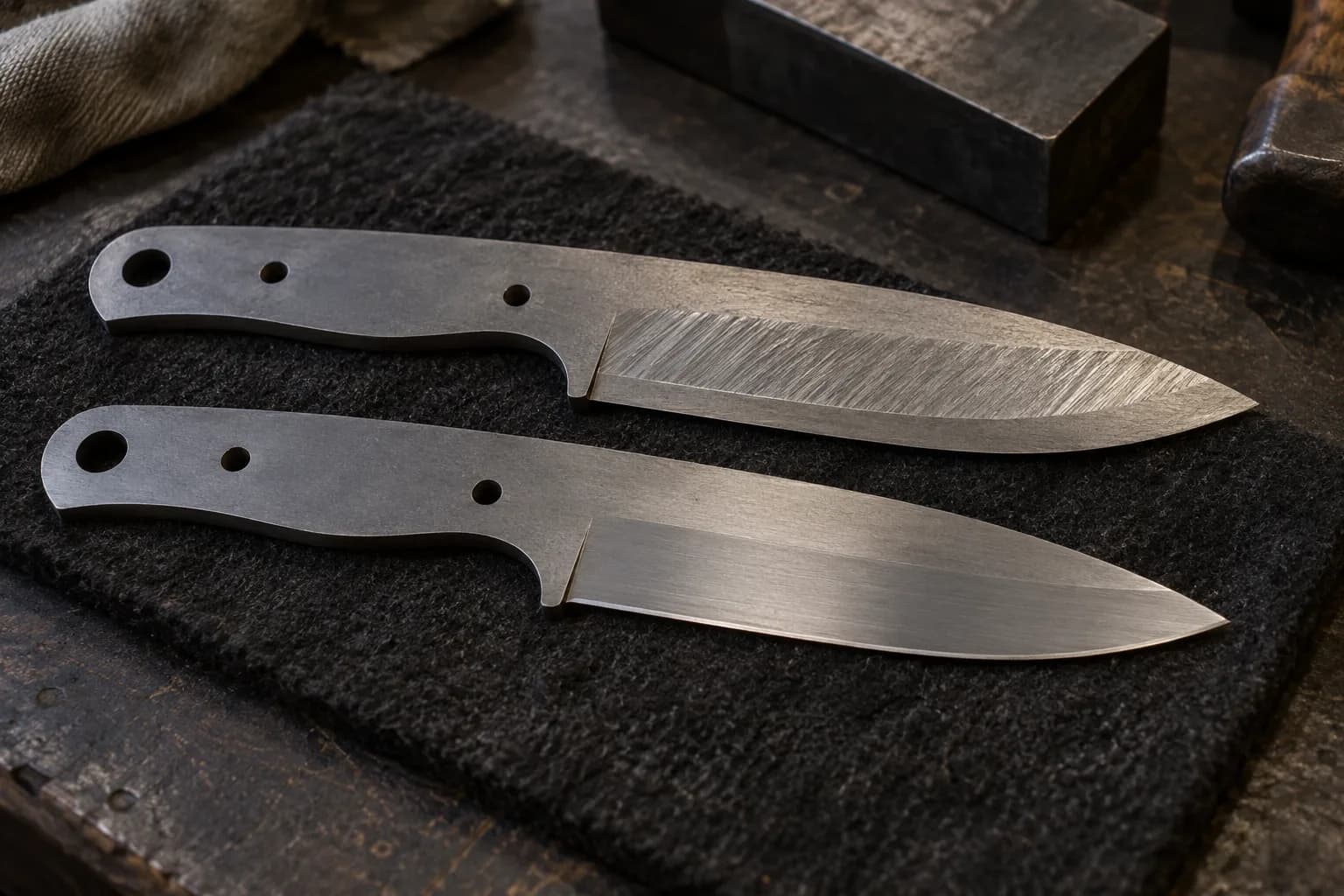 Two unhandled knife blanks on black felt, the upper with coarse scratched bevels and a flat edge band, the lower cleanly ground