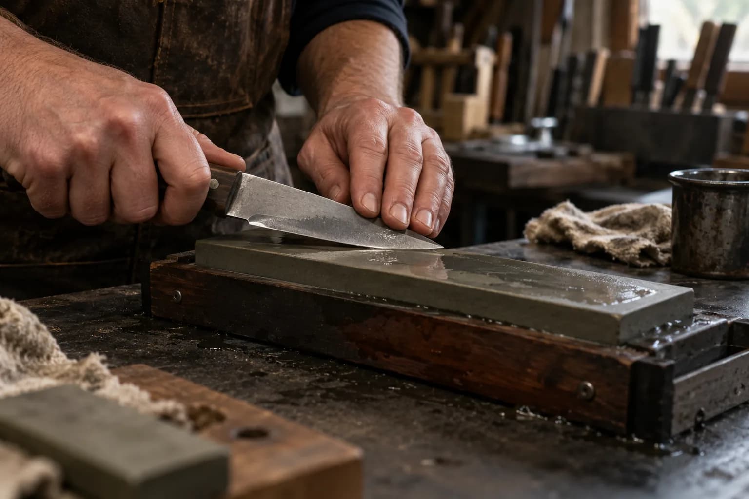 Hands draw a plain fixed-blade knife across a wet rectangular oilstone mounted in a wooden holder on a workbench.