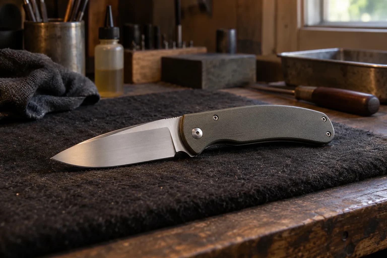 Open folding knife with a satin-ground blade and olive-grey scales resting flat on a dark padded shop bench.
